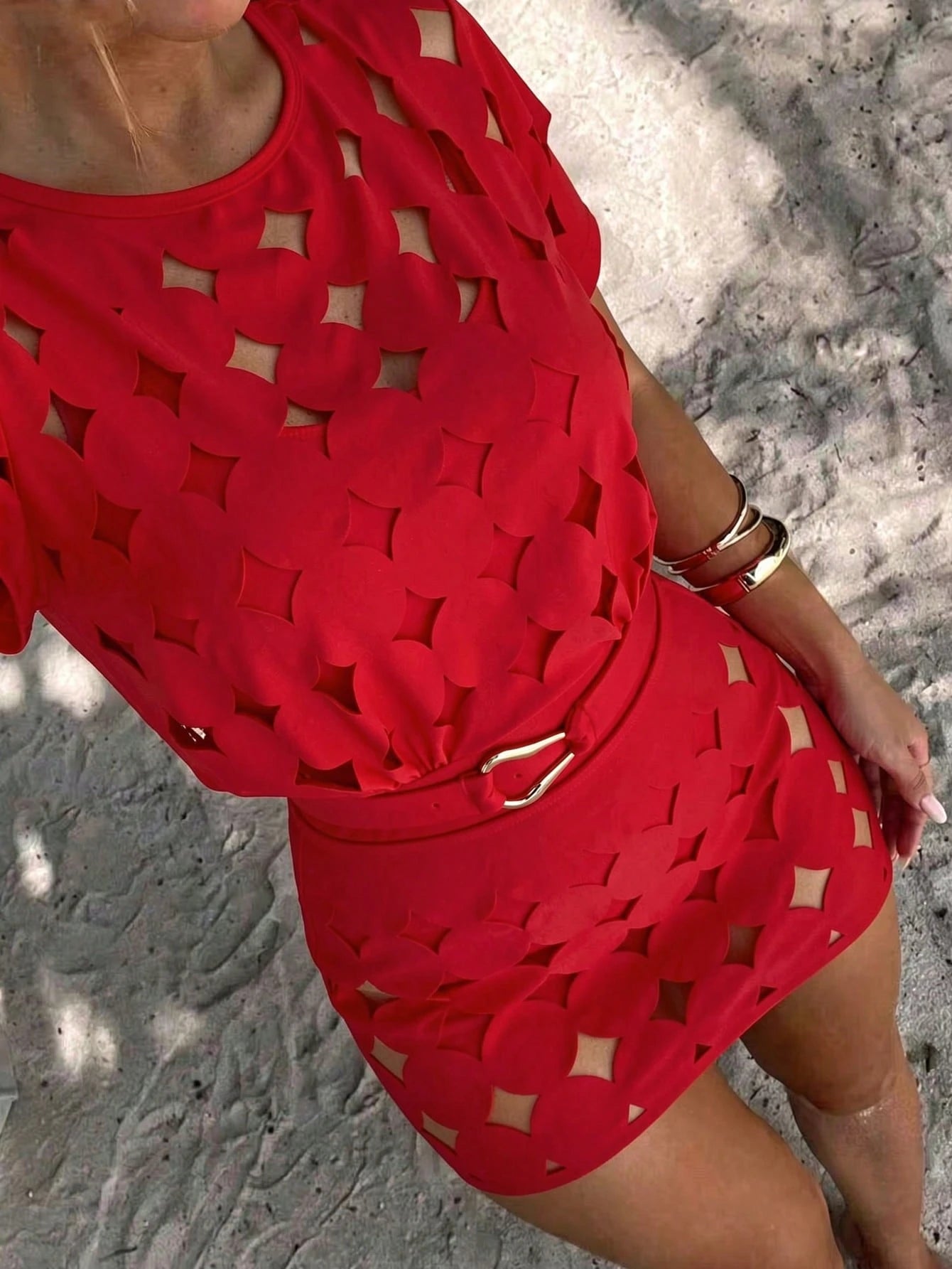 Swim Oasis Hollow-Out Solid Color Round Neck Women's Waist Belt Suit