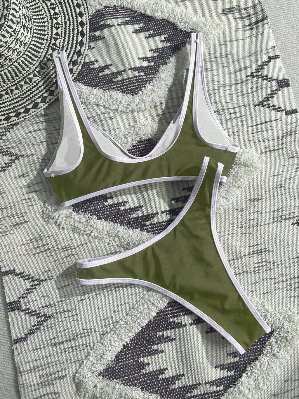Swim Vcay White Trim Bikini Set. Black Body With White Trim Design, High Cut Triangle Bottom - image 2