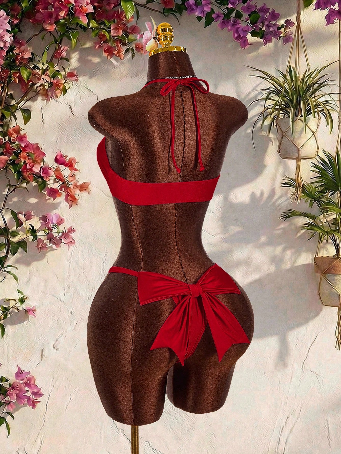 Amplova Women's Pink Swimwear Set,Cute Halter Neckline Thong Bottom