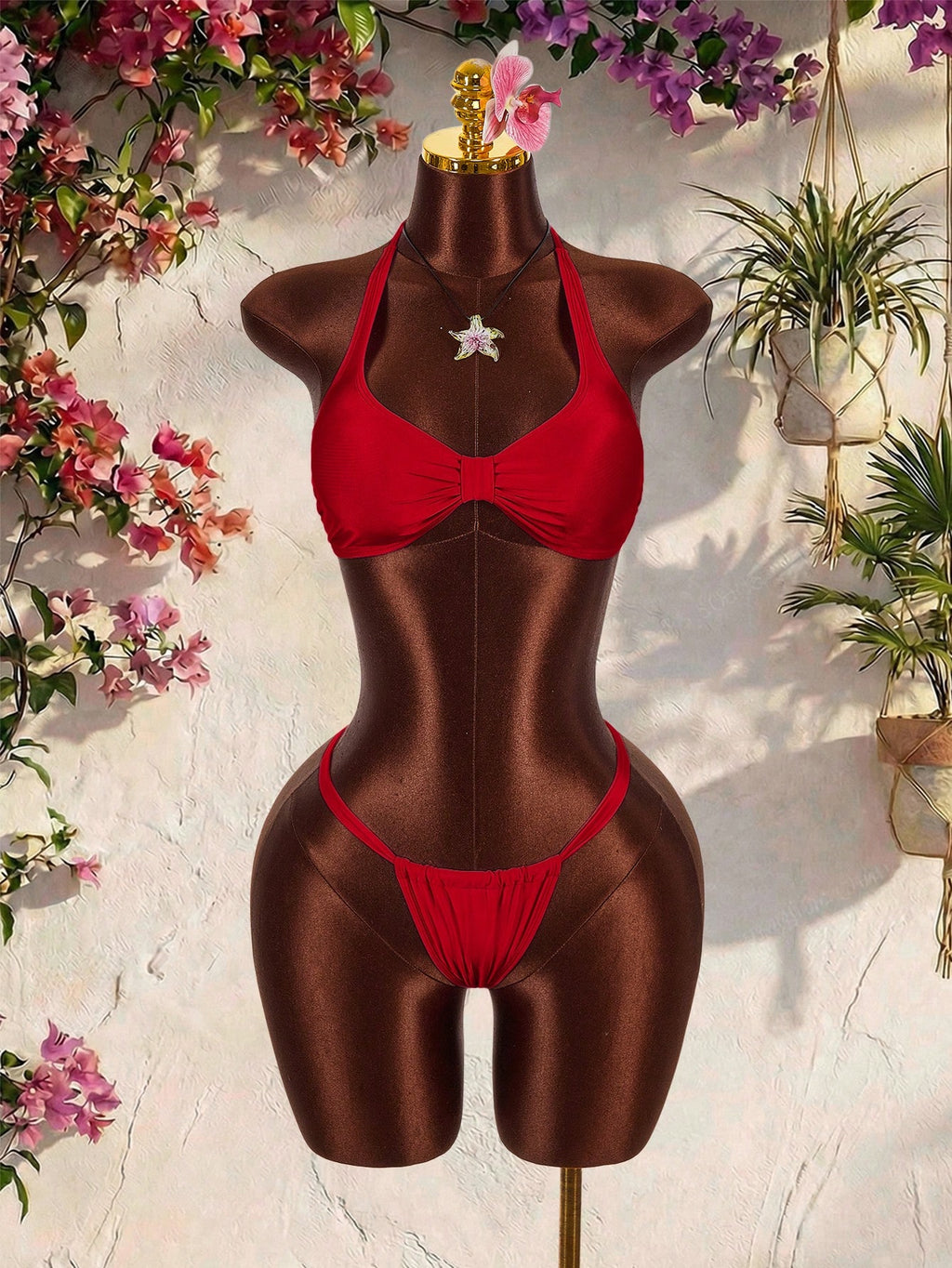 Amplova Women's Pink Swimwear Set,Cute Halter Neckline Thong Bottom