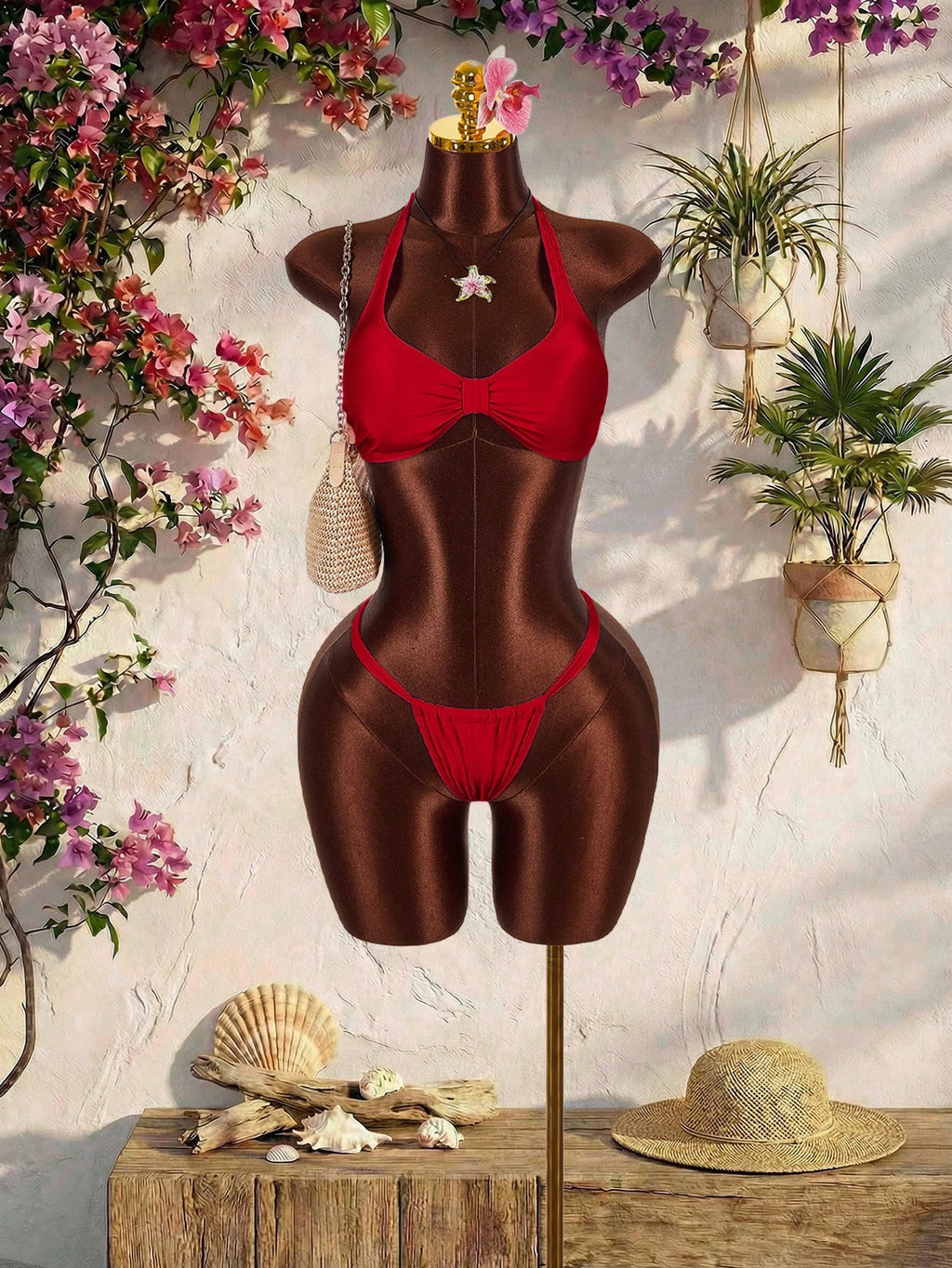 Amplova Women's Pink Swimwear Set,Cute Halter Neckline Thong Bottom