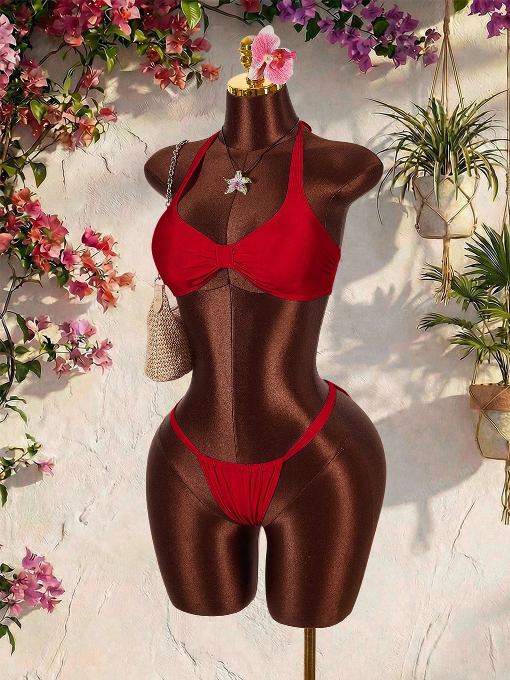 Amplova Women's Pink Swimwear Set,Cute Halter Neckline Thong Bottom