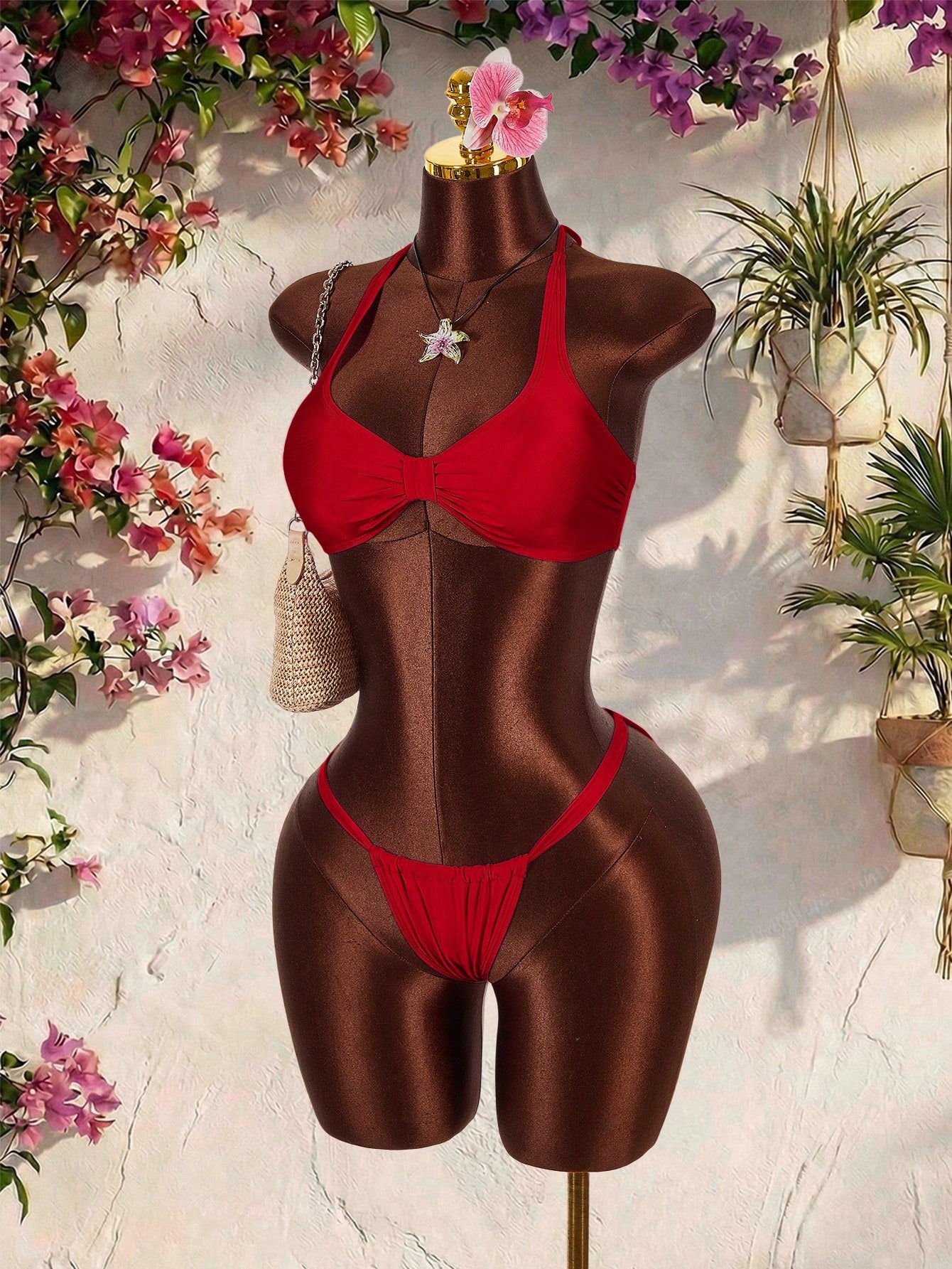 Amplova Women's Pink Swimwear Set,Cute Halter Neckline Thong Bottom