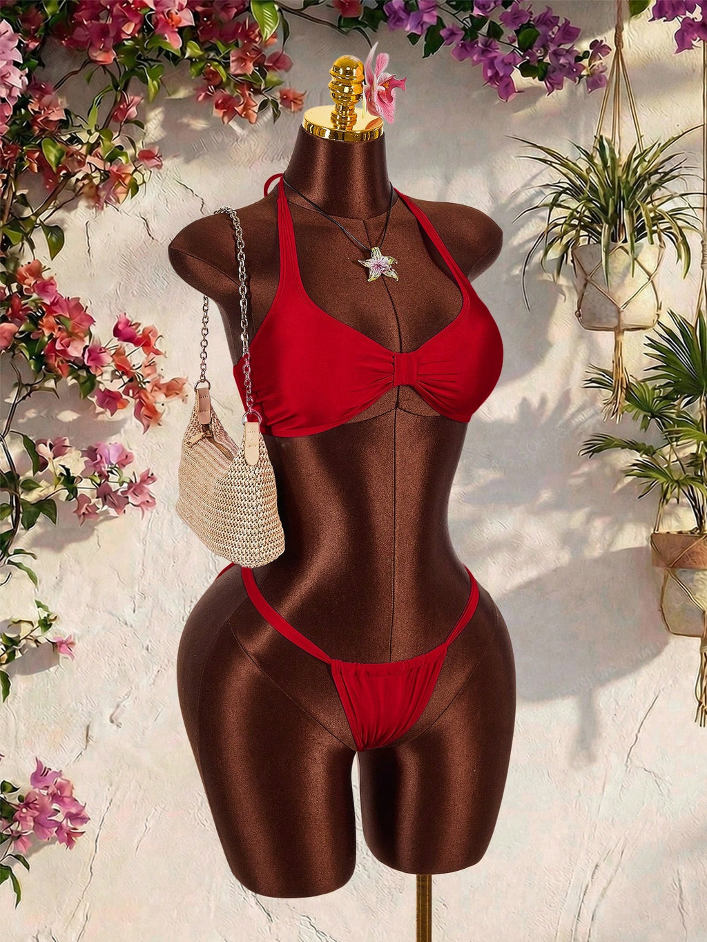 Amplova Women's Pink Swimwear Set,Cute Halter Neckline Thong Bottom