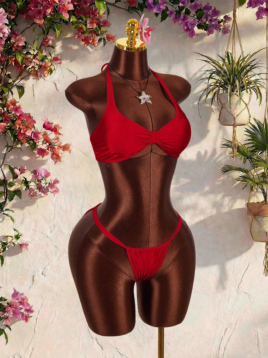 Amplova Women's Pink Swimwear Set,Cute Halter Neckline Thong Bottom