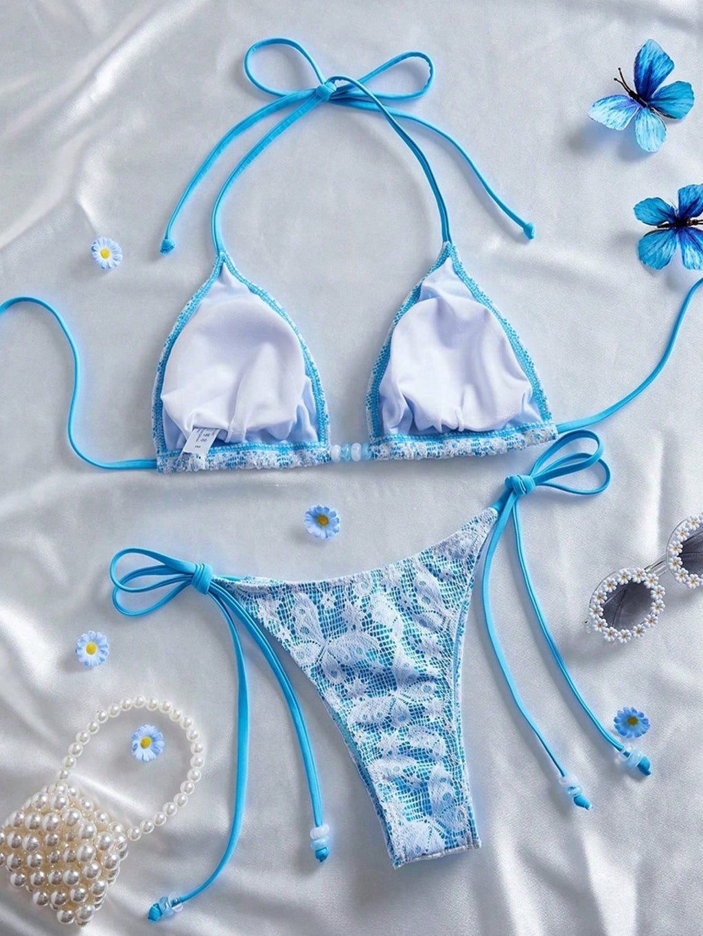 Women's Elegant Sweet Pink Lace Halter Tie Bikini Set, Beaded Detail, Perfect Fo