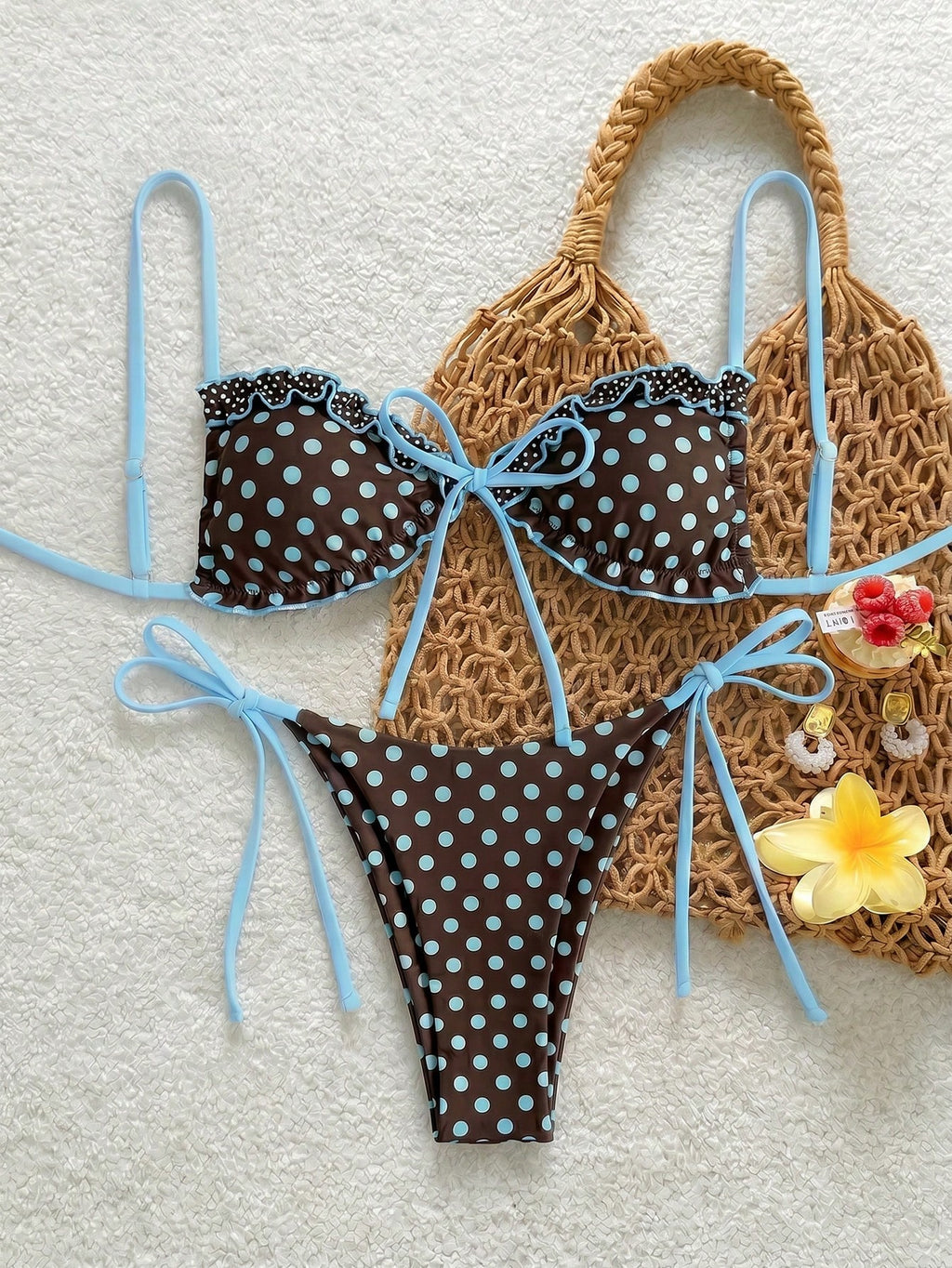 Swim Mod New Polka Dot Print Ruffled Halter Bikini Set, Sexy Cute