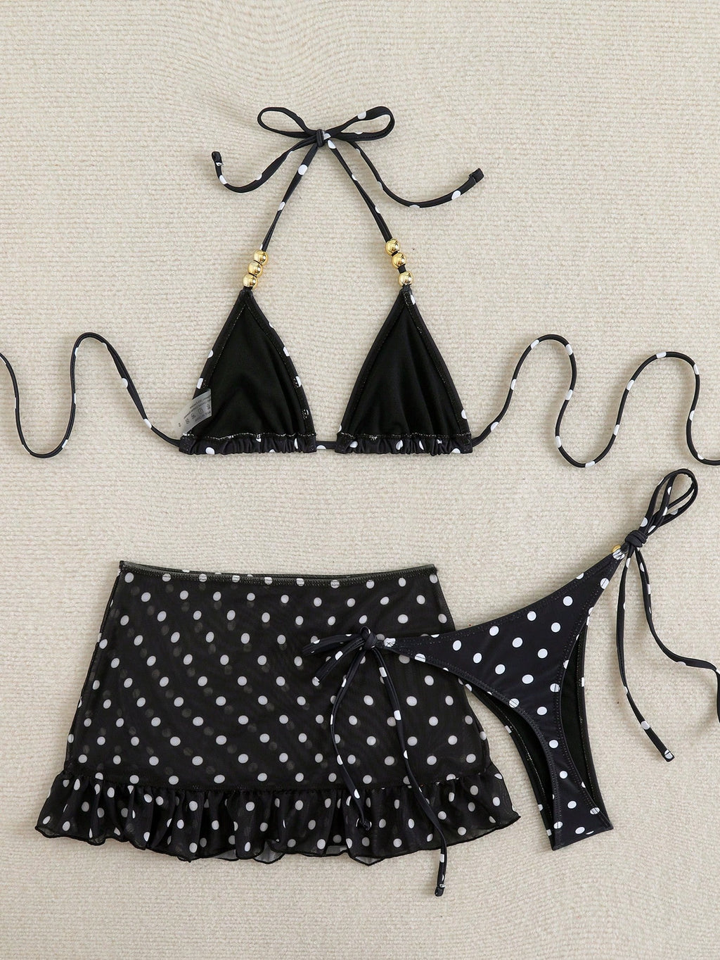 Swim SXY 3pcs Polka Dot Print Halter Neck Beaded Top And Lace-Up Triangle Bikini