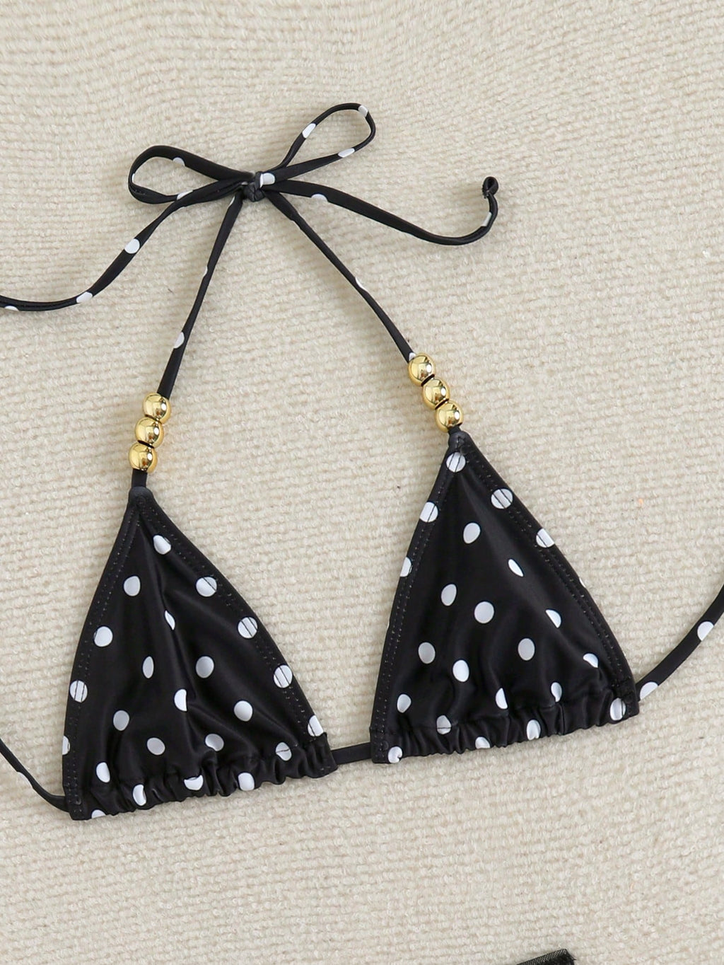 Swim SXY 3pcs Polka Dot Print Halter Neck Beaded Top And Lace-Up Triangle Bikini