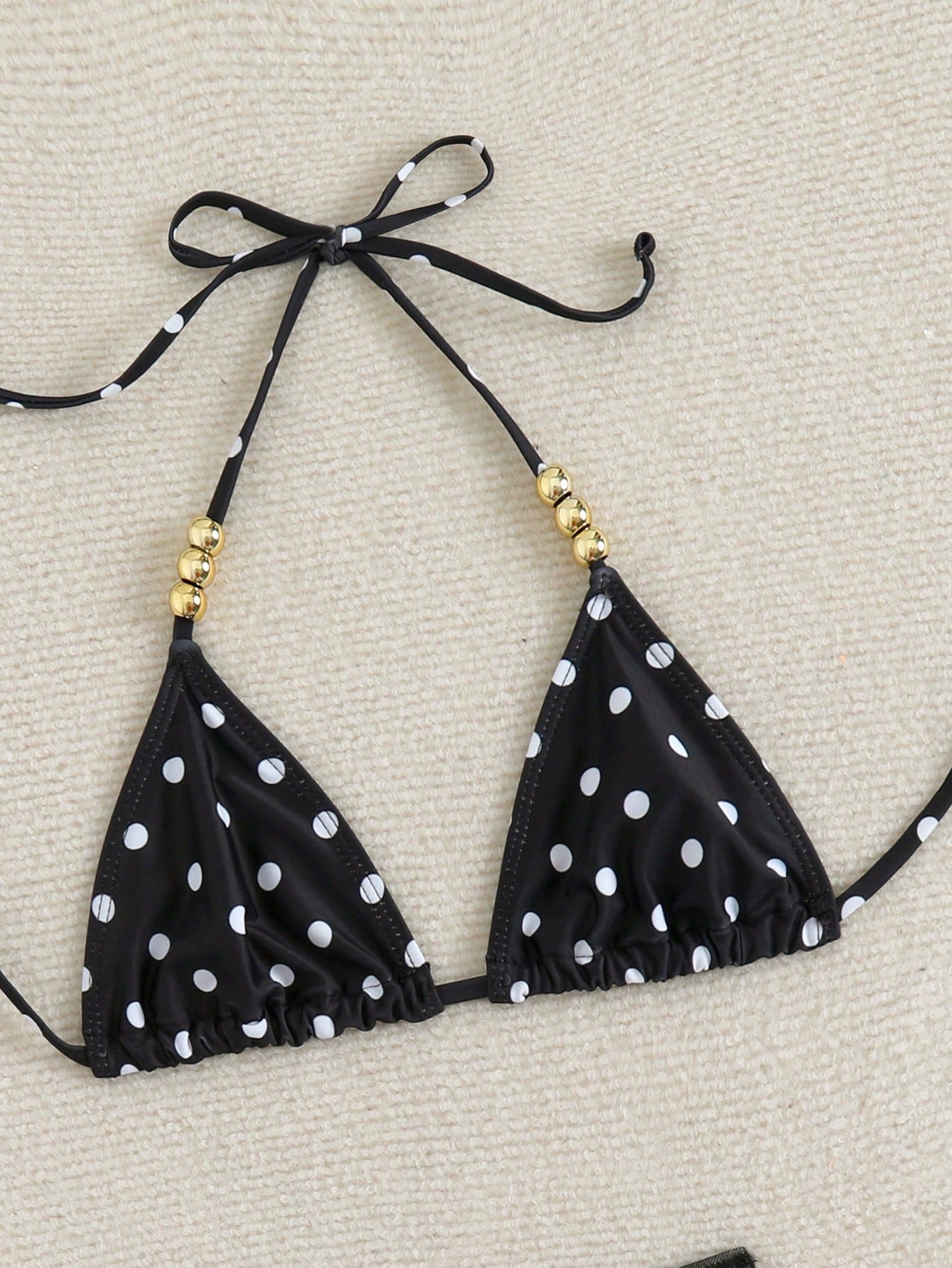 Swim SXY 3pcs Polka Dot Print Halter Neck Beaded Top And Lace-Up Triangle Bikini