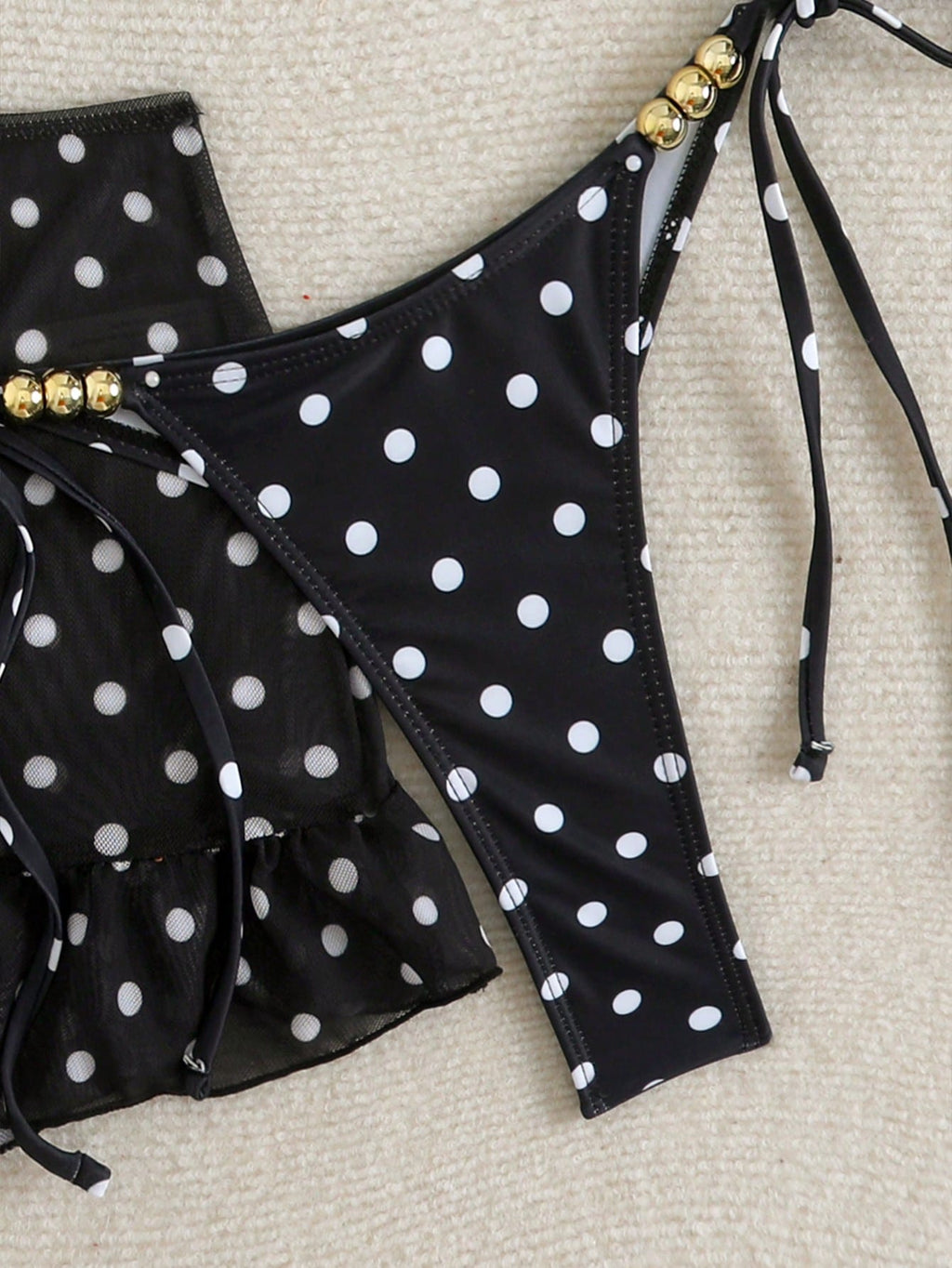 Swim SXY 3pcs Polka Dot Print Halter Neck Beaded Top And Lace-Up Triangle Bikini