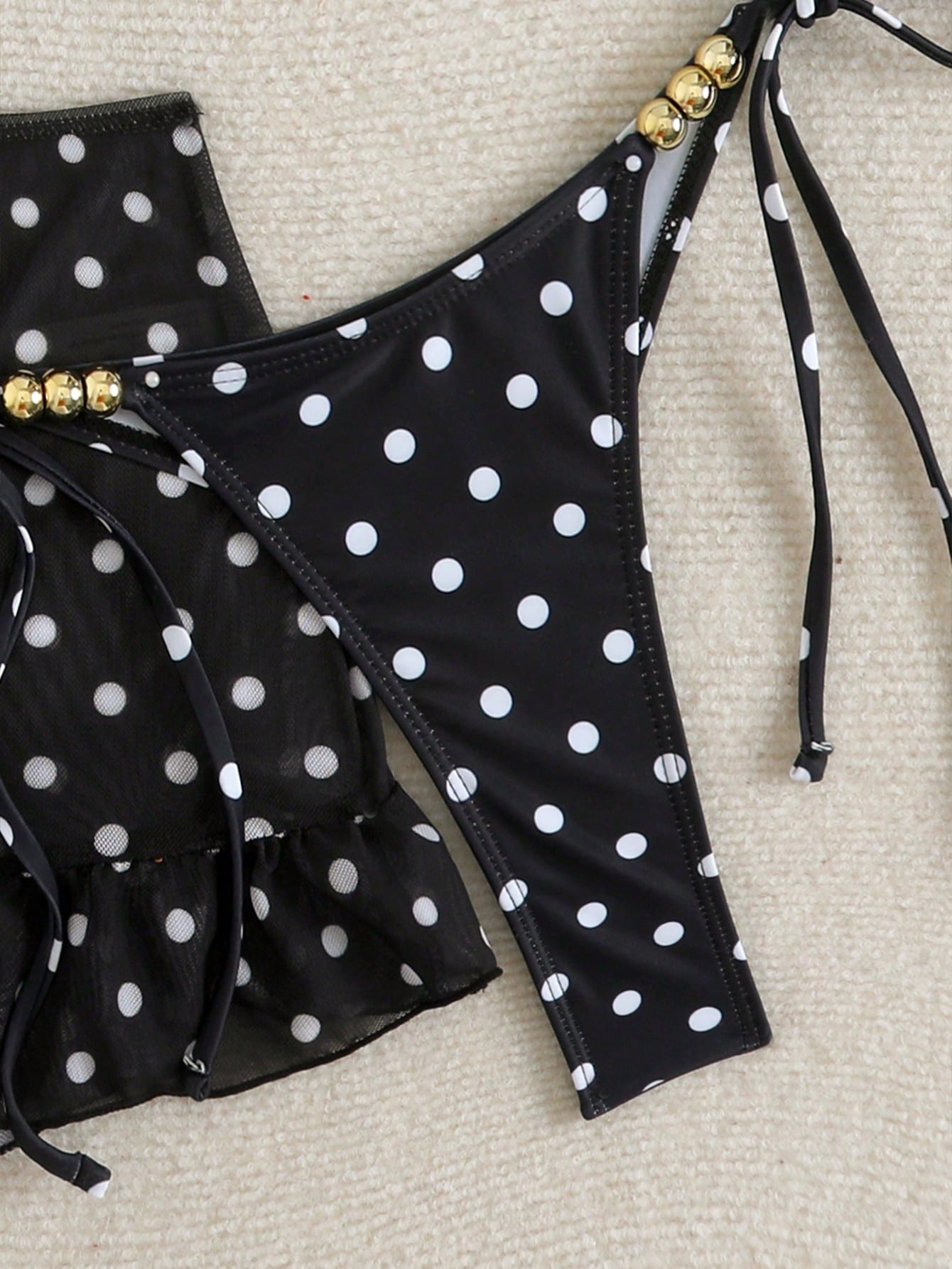 Swim SXY 3pcs Polka Dot Print Halter Neck Beaded Top And Lace-Up Triangle Bikini