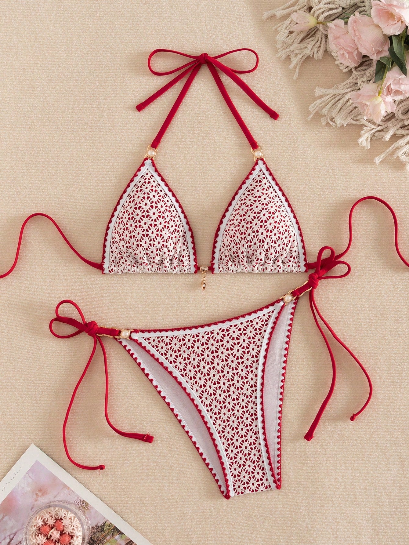 Vaytide Women's Hollow Fabric Solid Color Shell Flower Pearl Trim