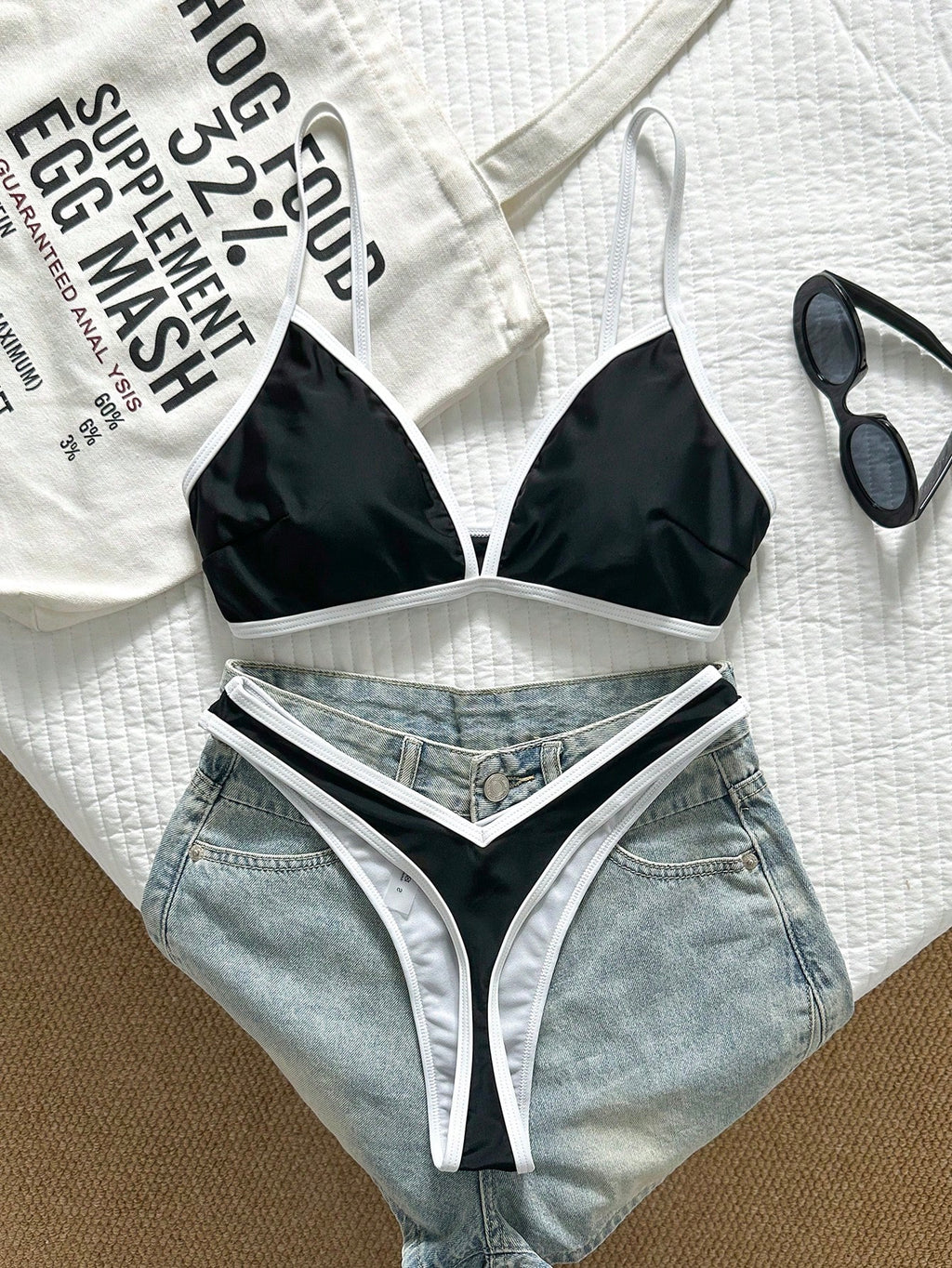 Swim Vcay 2pcs/Set Women's Sexy High Cut Color Contrast Spaghetti Strap Bikini Swimsuit Set, Summer