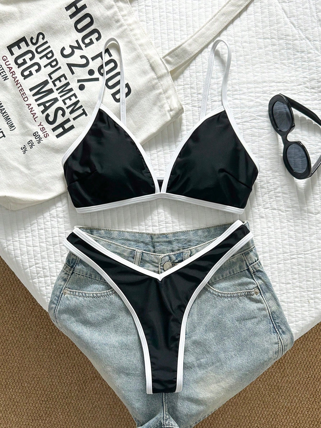 Swim Vcay 2pcs/Set Women's Sexy High Cut Color Contrast Spaghetti Strap Bikini Swimsuit Set, Summer - image 2