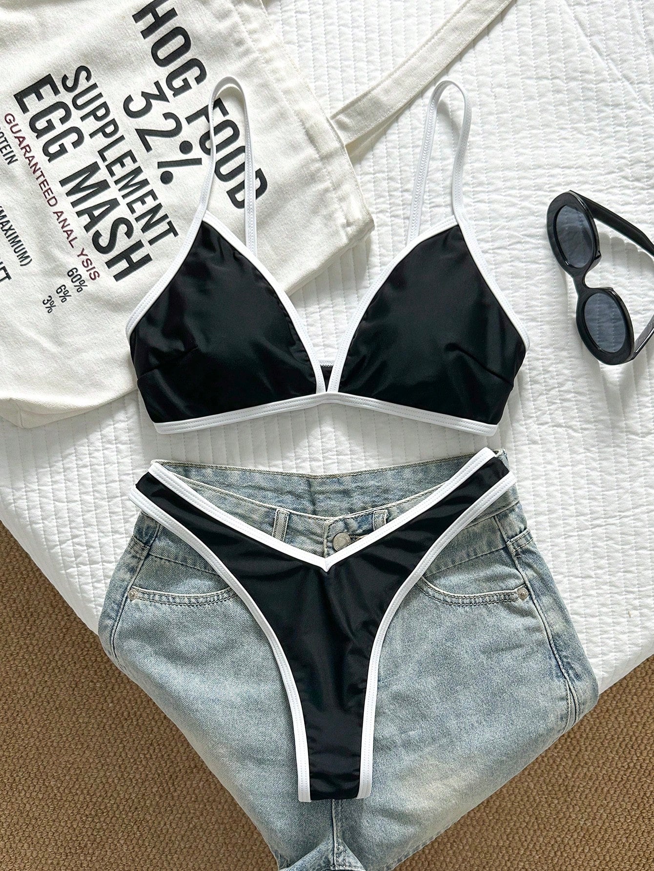 Swim Vcay 2pcs/Set Women's Sexy High Cut Color Contrast Spaghetti Strap Bikini Swimsuit Set, Summer - image 2