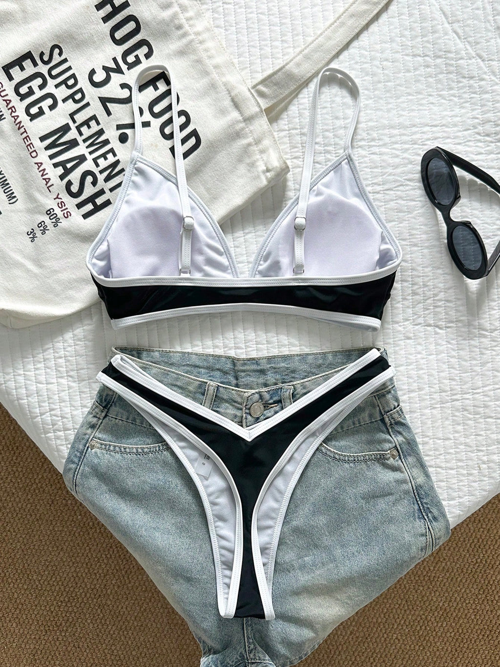 Swim Vcay 2pcs/Set Women's Sexy High Cut Color Contrast Spaghetti Strap Bikini Swimsuit Set, Summer - image 3