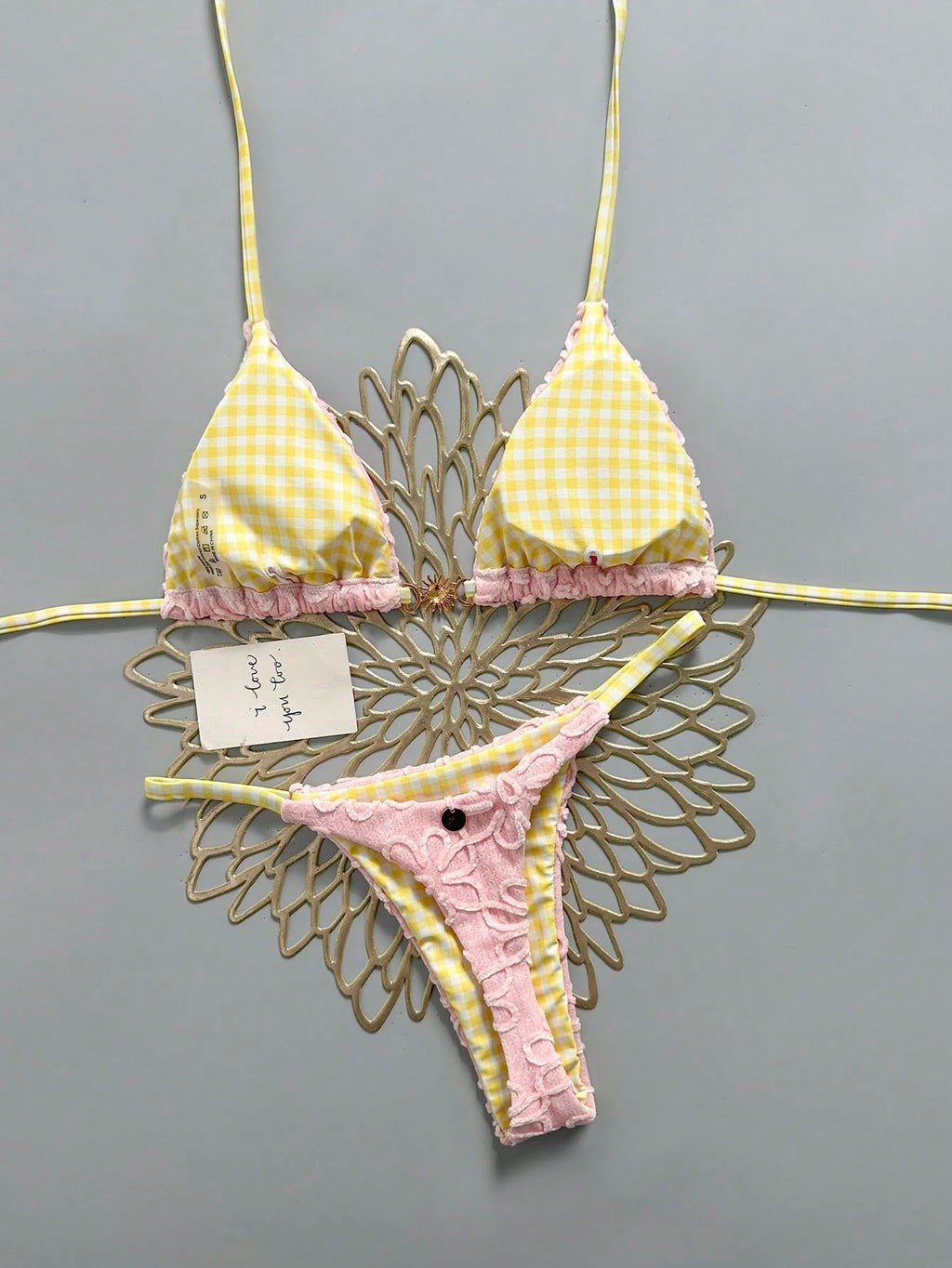 Swim Mod Women's Cute Butter Yellow Sunflower Fabric Floral Plaid Reversible V-N