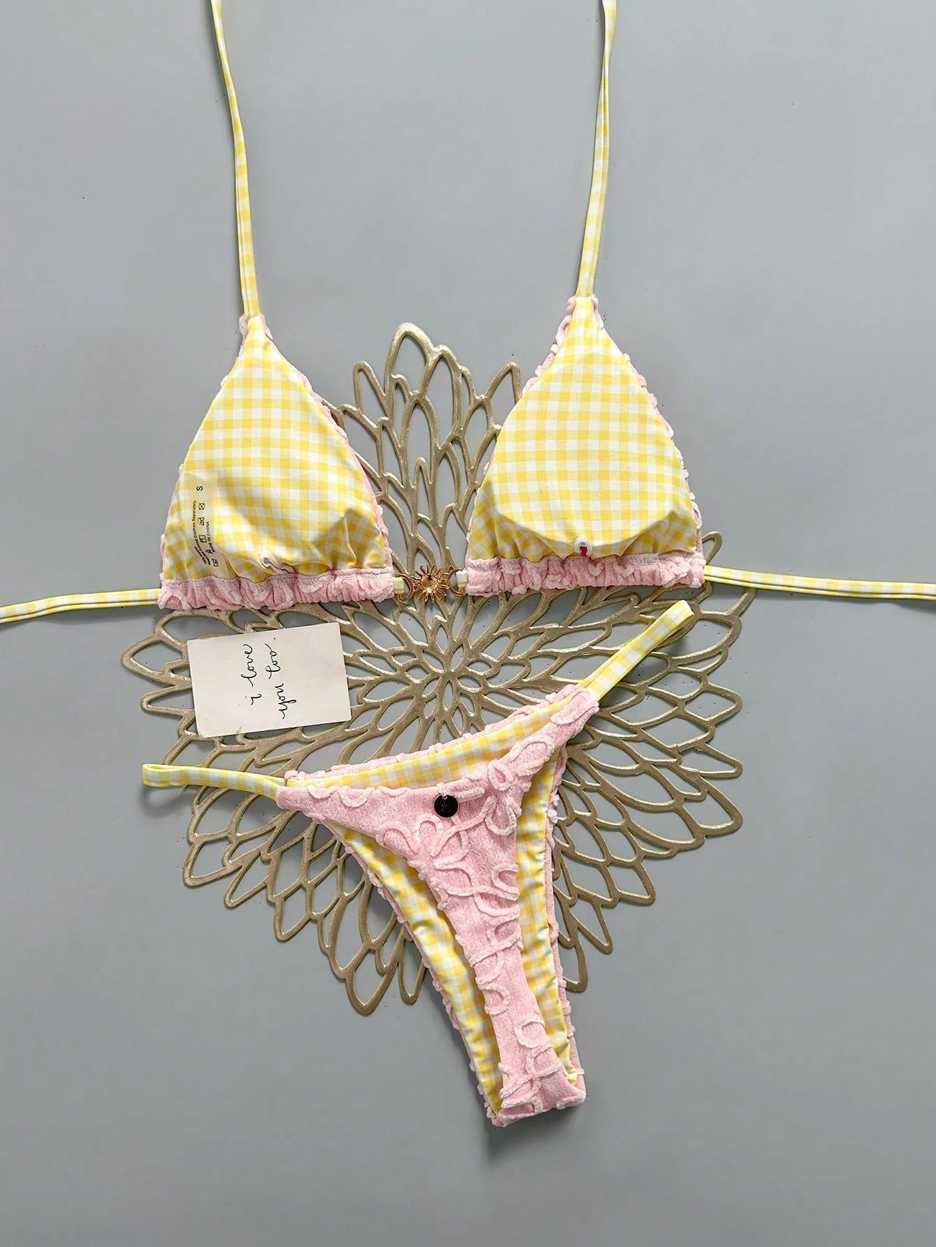 Swim Mod Women's Cute Butter Yellow Sunflower Fabric Floral Plaid Reversible V-N