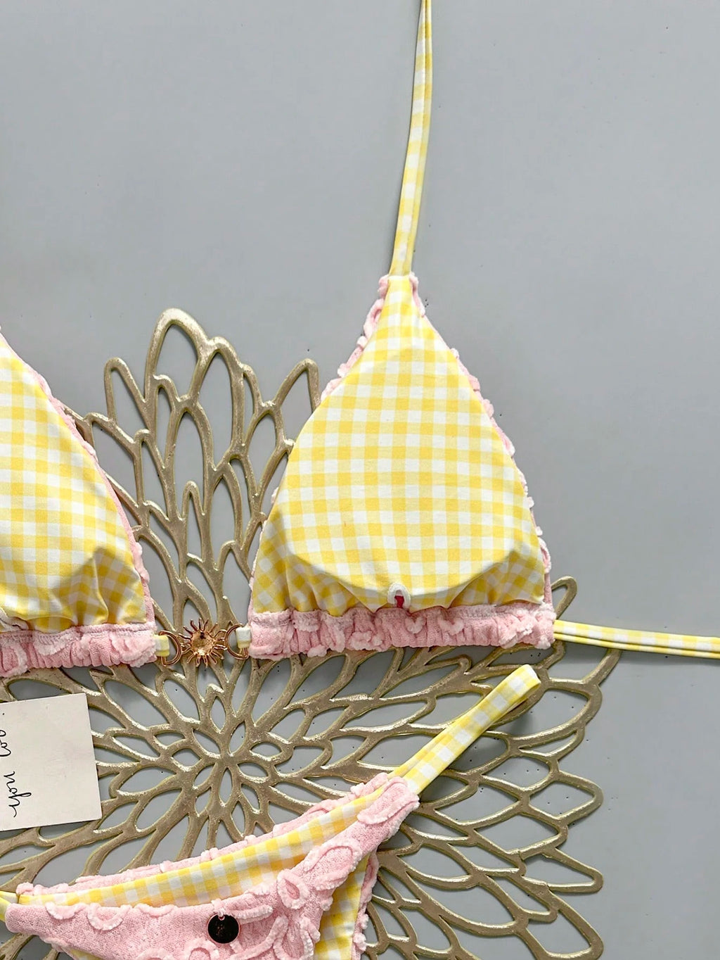 Swim Mod Women's Cute Butter Yellow Sunflower Fabric Floral Plaid Reversible V-N