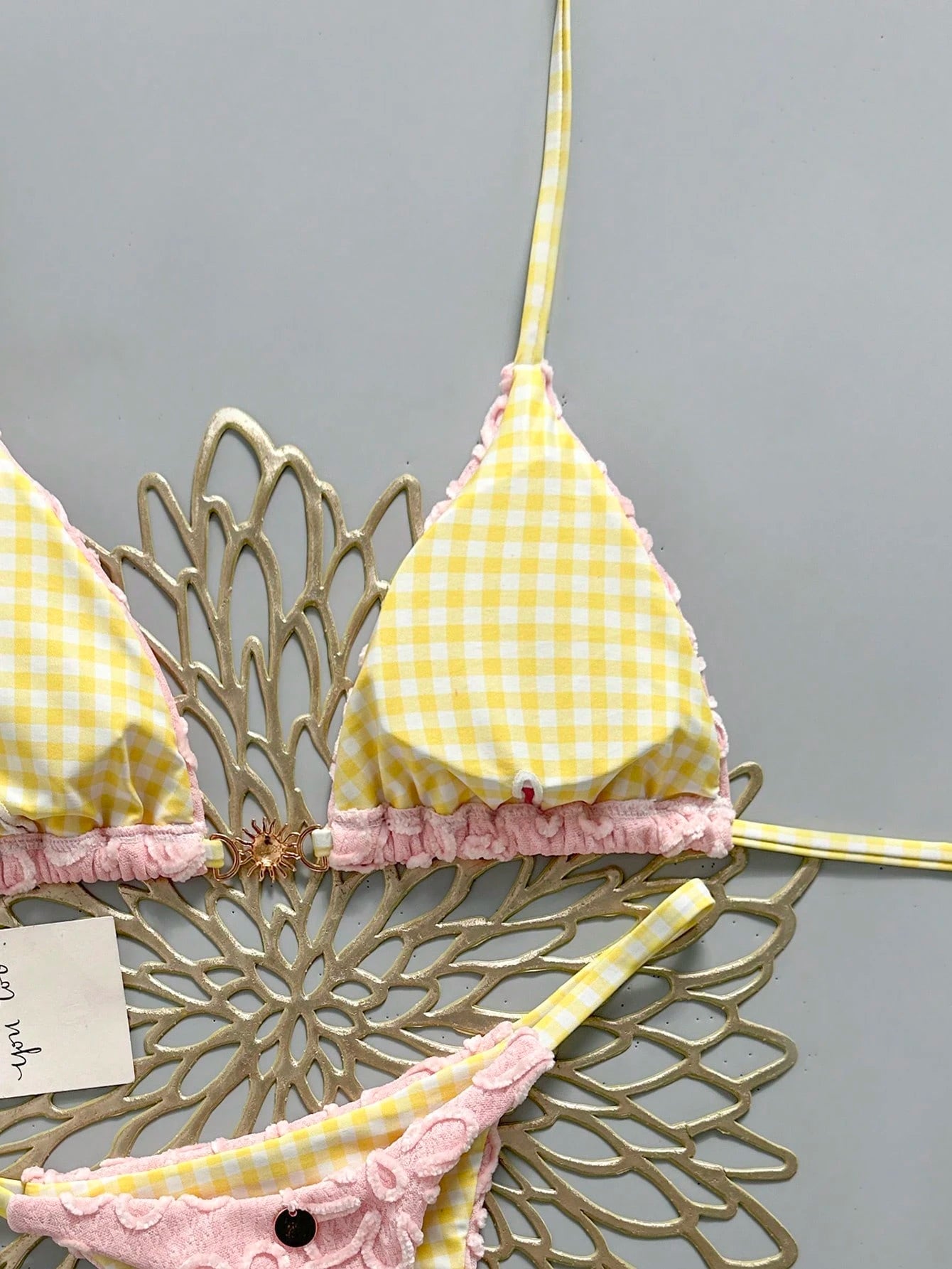 Swim Mod Women's Cute Butter Yellow Sunflower Fabric Floral Plaid Reversible V-N