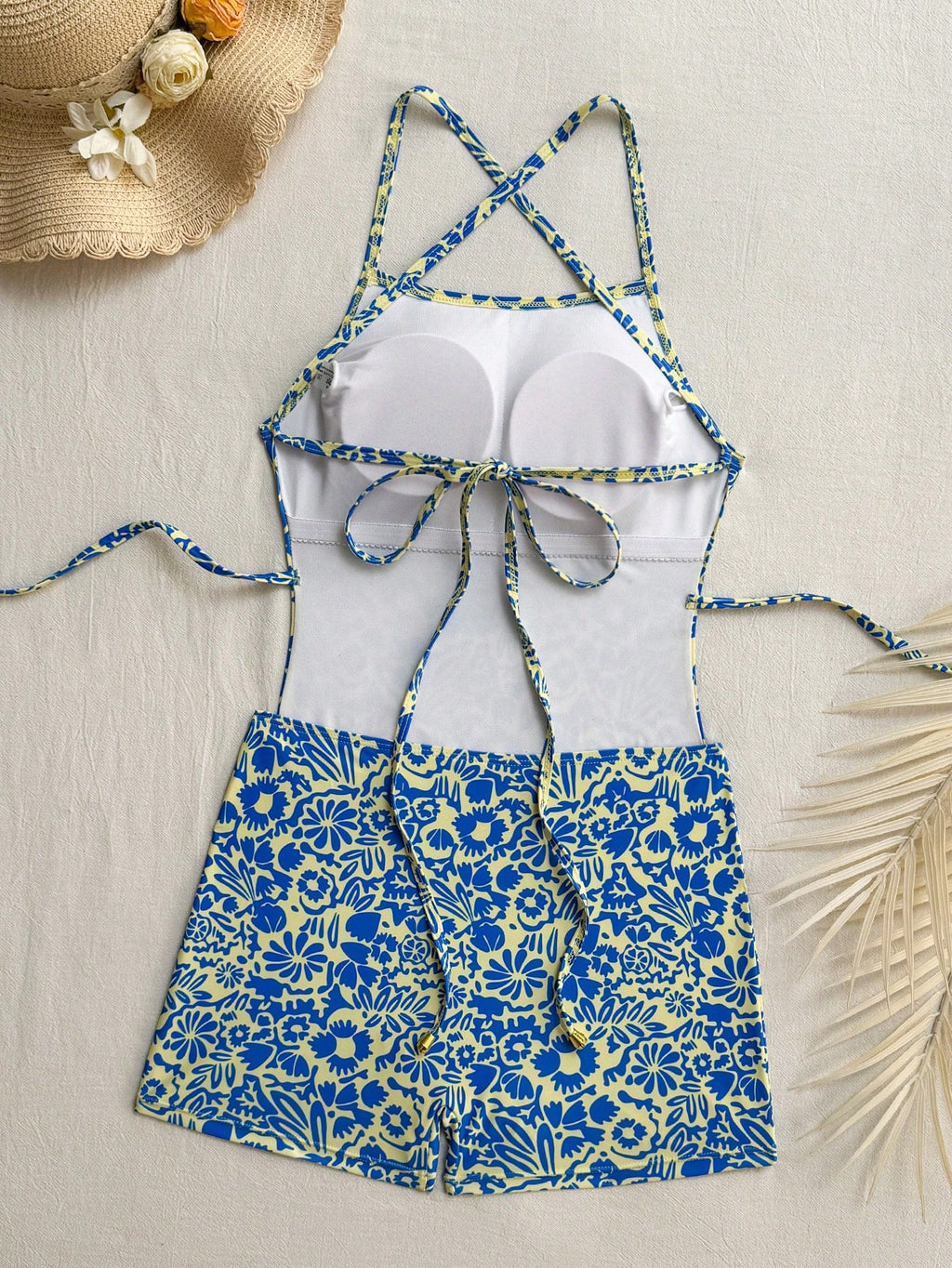Swim SPRTY Women's Fashionable Beach One-Piece Swimsuit With Tie-Up Straps, Blue Background With White Floral - image 2