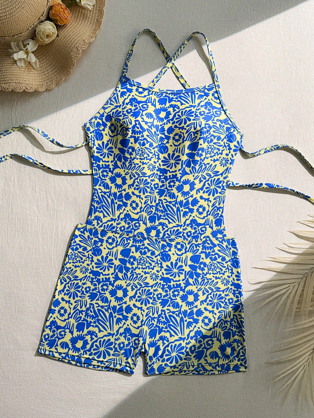 Swim SPRTY Women's Fashionable Beach One-Piece Swimsuit With Tie-Up Straps, Blue Background With White Floral - image 4