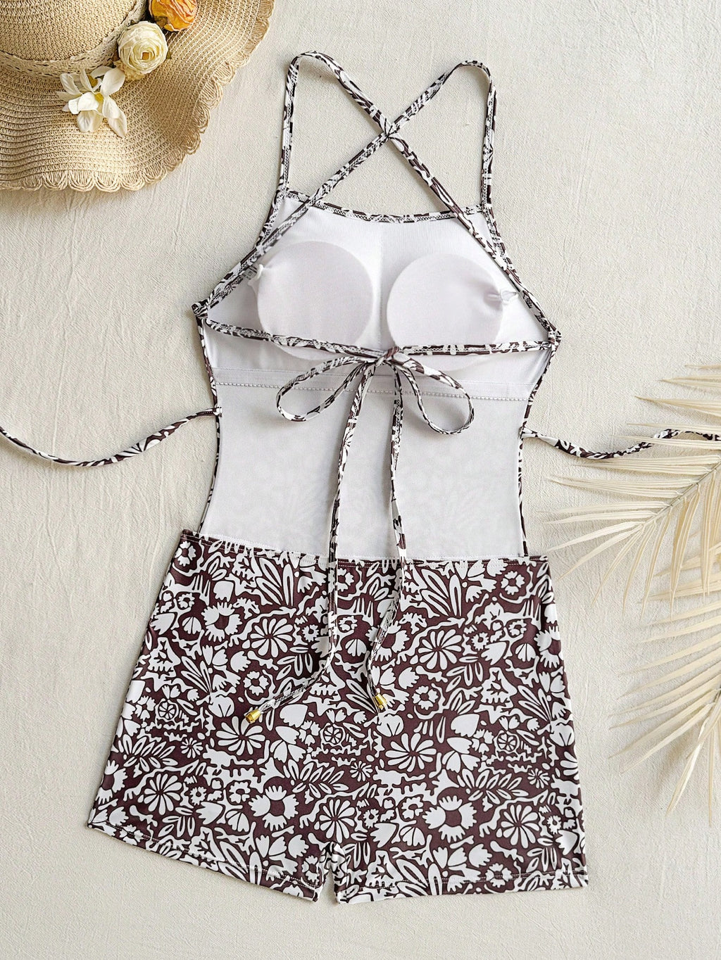 Swim SPRTY Women's Fashionable Beach One-Piece Swimsuit With Tie-Up Straps, Blue Background With White Floral - image 16