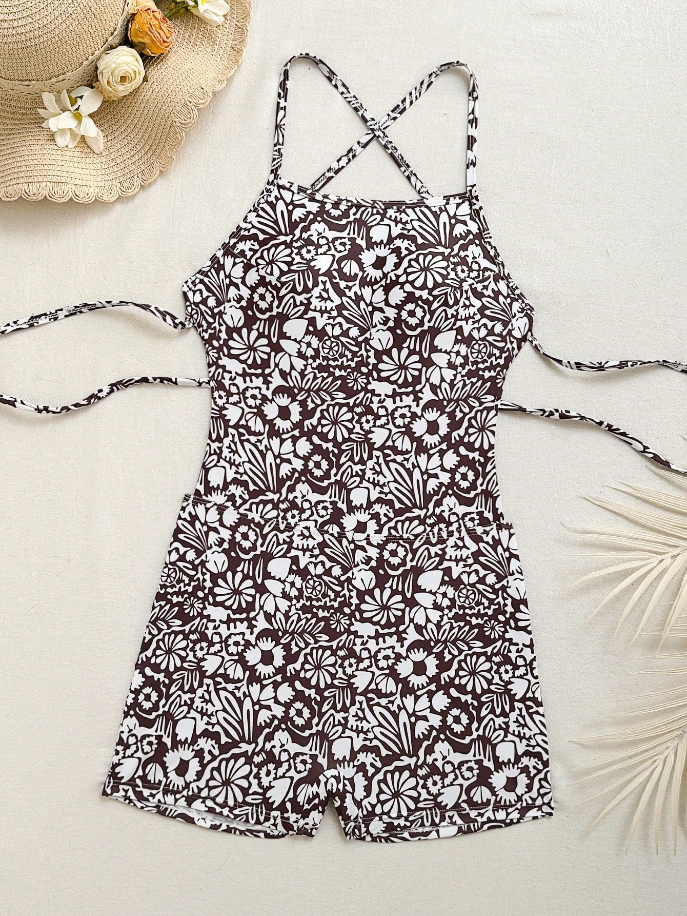 Swim SPRTY Women's Fashionable Beach One-Piece Swimsuit With Tie-Up Straps, Blue Background With White Floral - image 19
