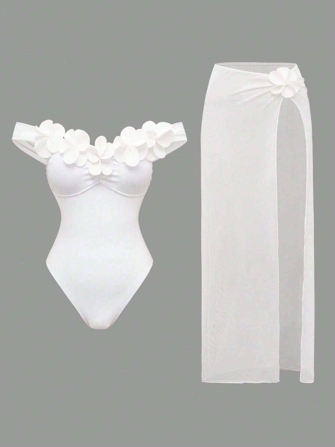 Swim Oasis White Mesh Skirt & Handmade Flower Trim Underwire Bodysuit,2-Piece Set For Summer,Elegant Holiday - image 14