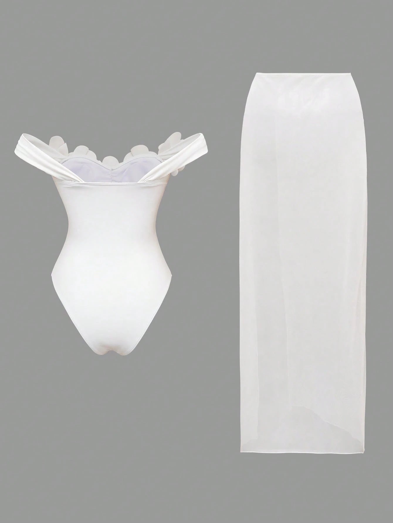 Swim Oasis White Mesh Skirt & Handmade Flower Trim Underwire Bodysuit,2-Piece Set For Summer,Elegant Holiday - image 15