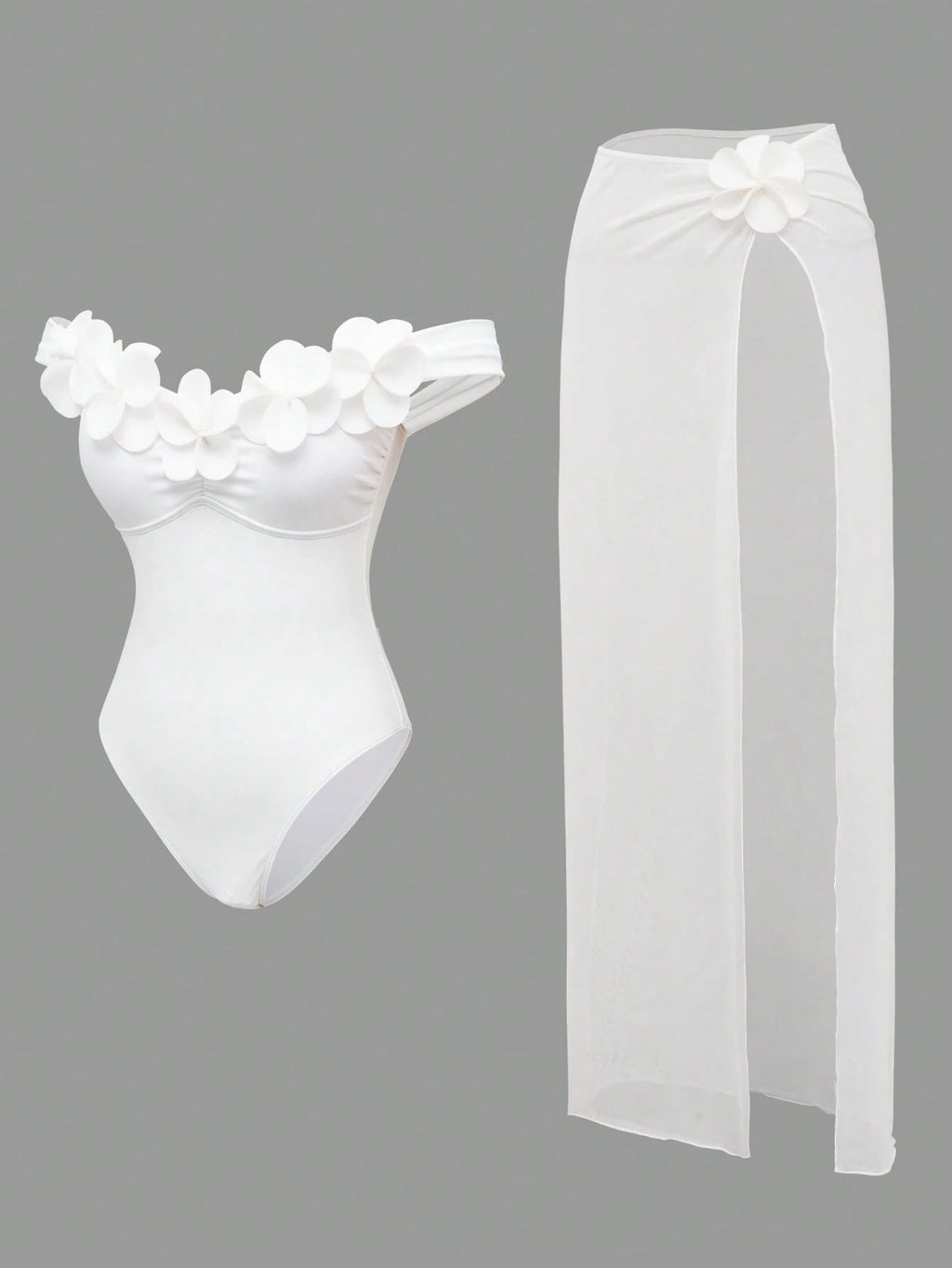 Swim Oasis White Mesh Skirt & Handmade Flower Trim Underwire Bodysuit,2-Piece Set For Summer,Elegant Holiday - image 16