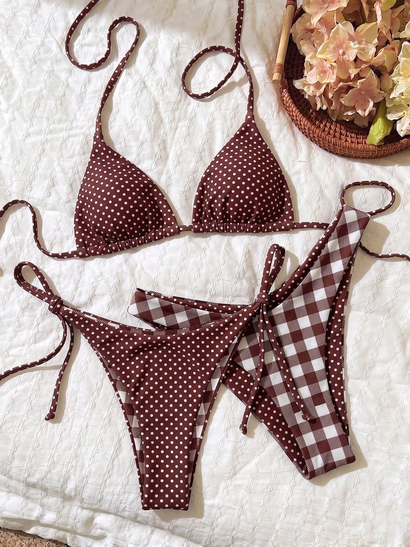 Elavelle 3pcs Women's Random Print Halter High Cut Bikini Set,