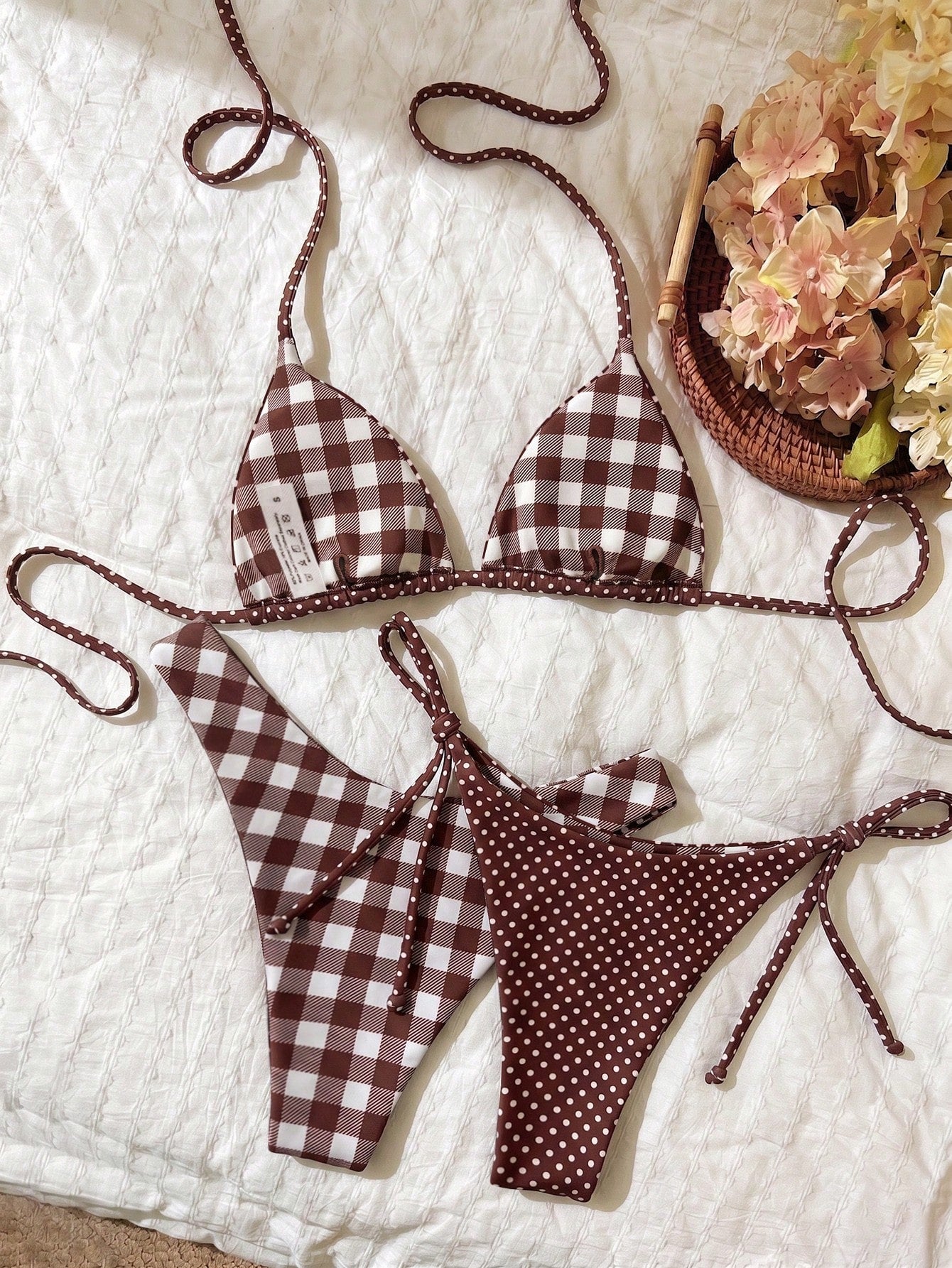 Elavelle 3pcs Women's Random Print Halter High Cut Bikini Set,