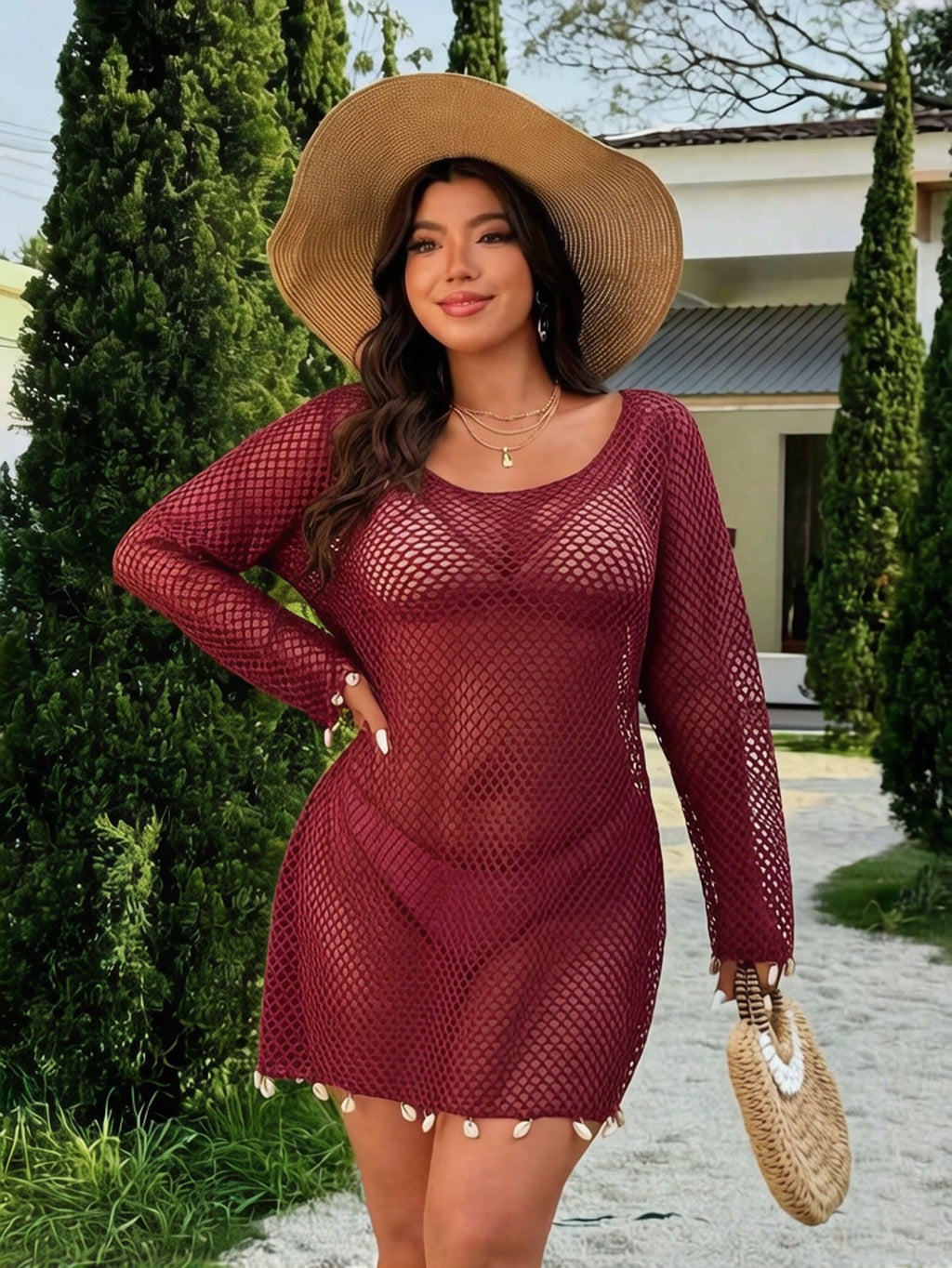 Swim Vcay 2026 Spring/Summer New Solid Color Mesh Fabric Swimsuit Cover-Up, Elegant Shell Decor Long Sleeve - image 16