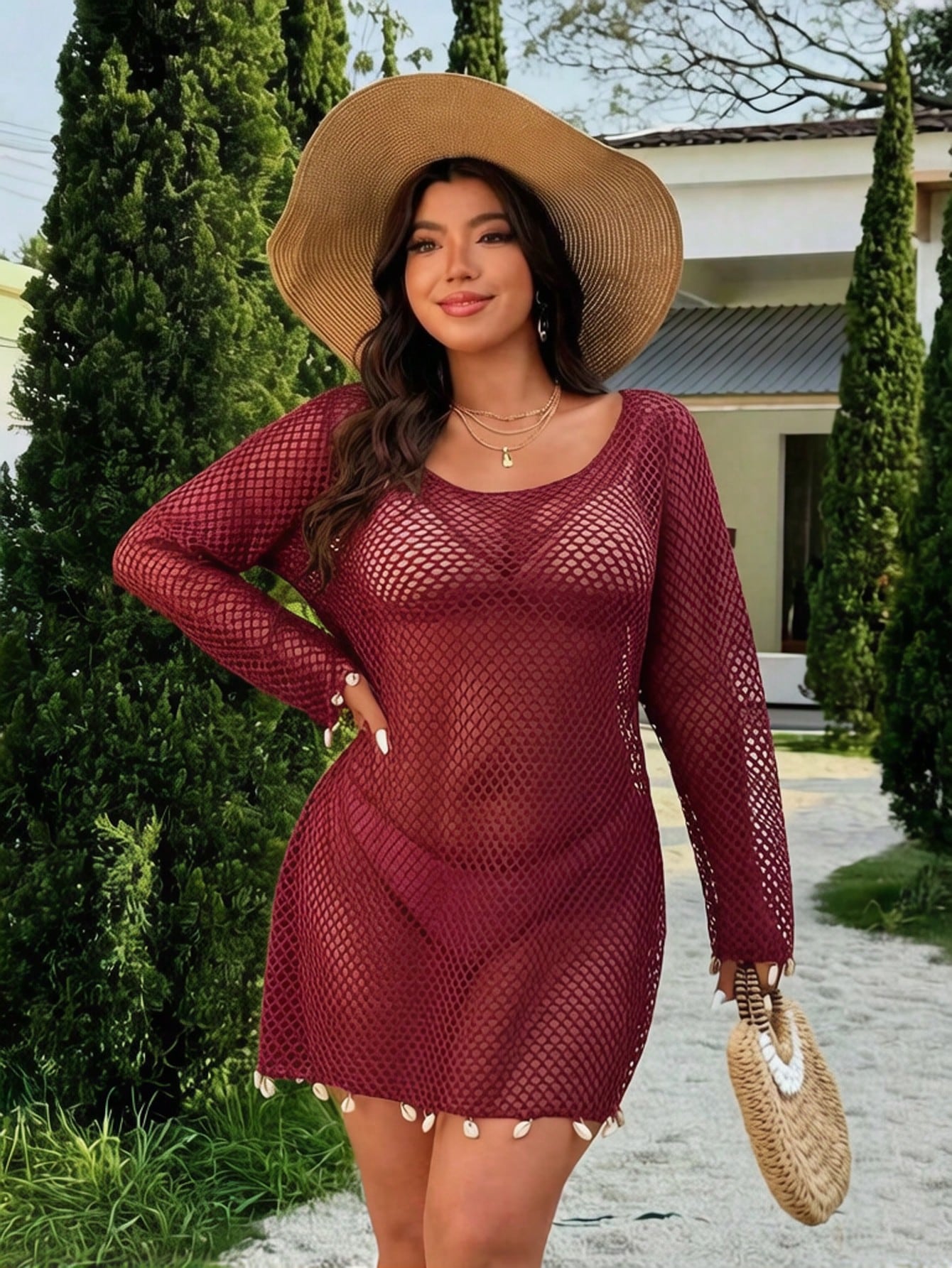 Swim Vcay 2026 Spring/Summer New Solid Color Mesh Fabric Swimsuit Cover-Up, Elegant Shell Decor Long Sleeve - image 16