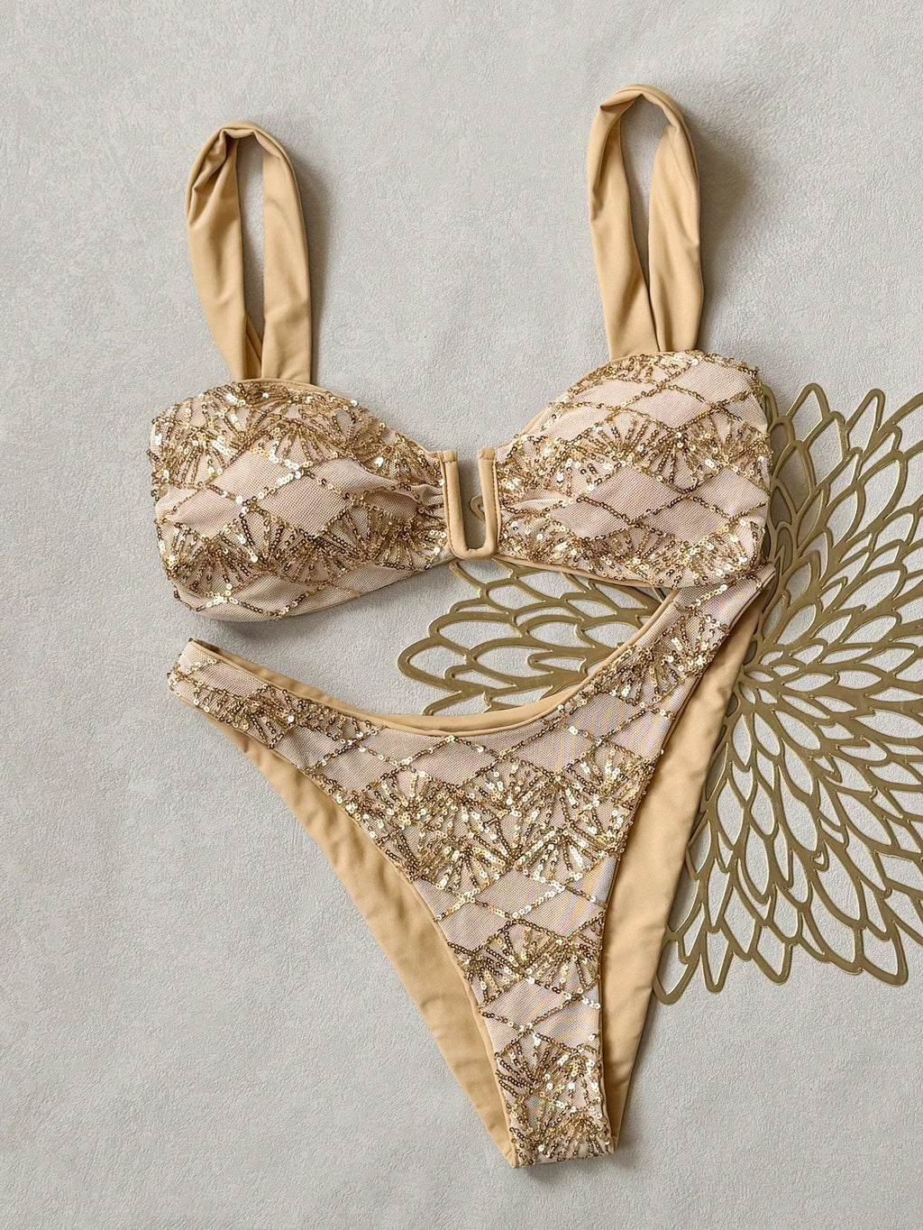 Bonvoyette Women's Summer Beach Sequin Pattern Bikini And Triangle