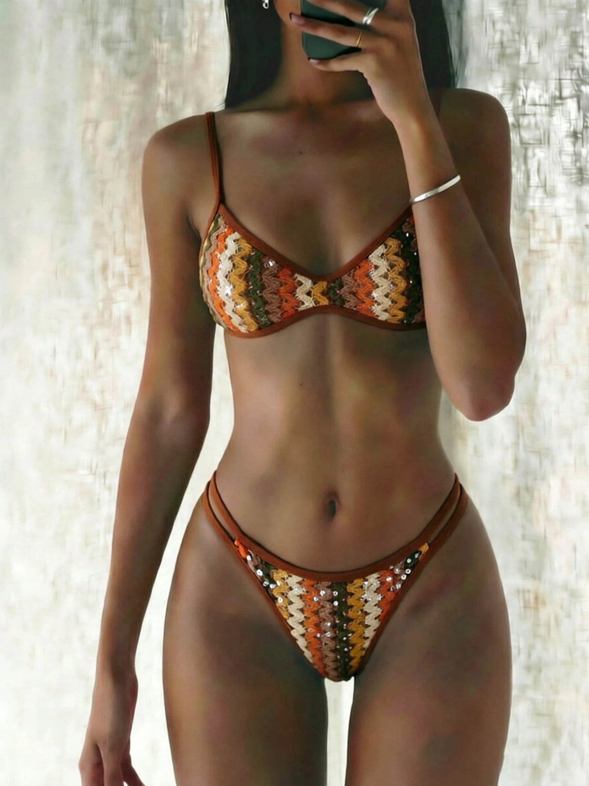 Sunnyshic Women's 2-Piece Bikini Set With Textured Fabric, Spaghetti