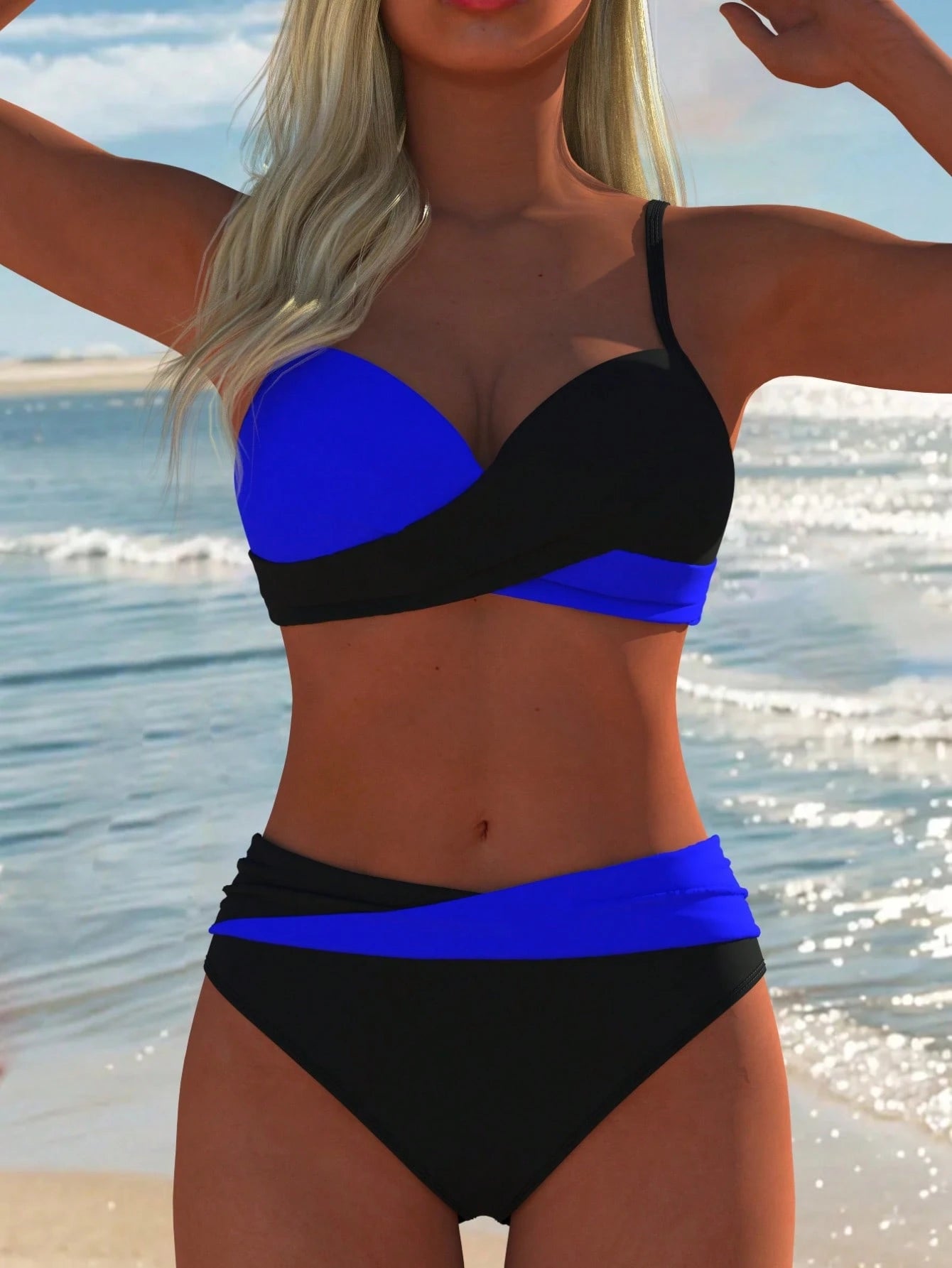 Women's Sexy Casual Black & White Color Block Spaghetti Strap Bikini Set, Beach Summer Vacation New Holiday - image 17