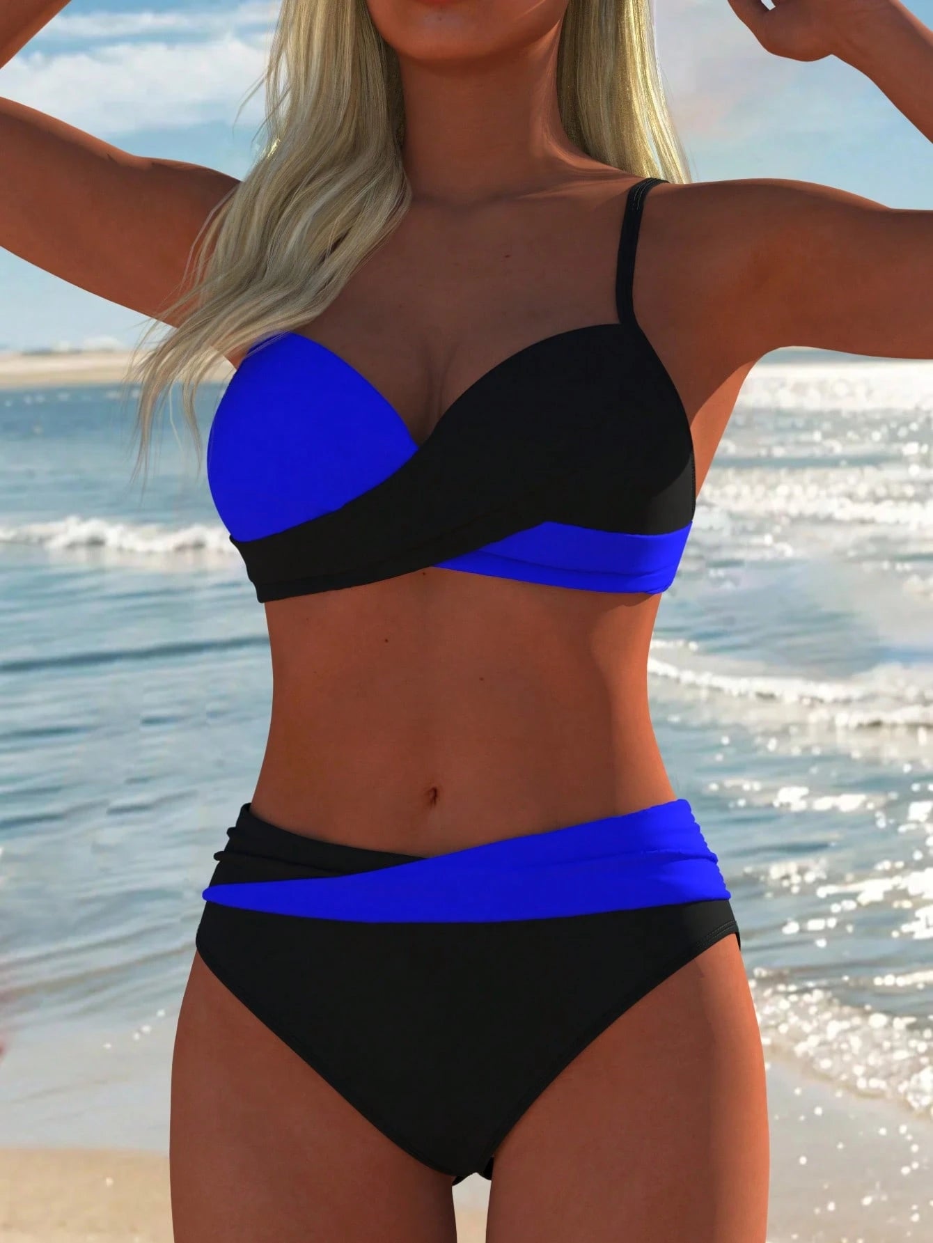 Women's Sexy Casual Black & White Color Block Spaghetti Strap Bikini Set, Beach Summer Vacation New Holiday - image 20