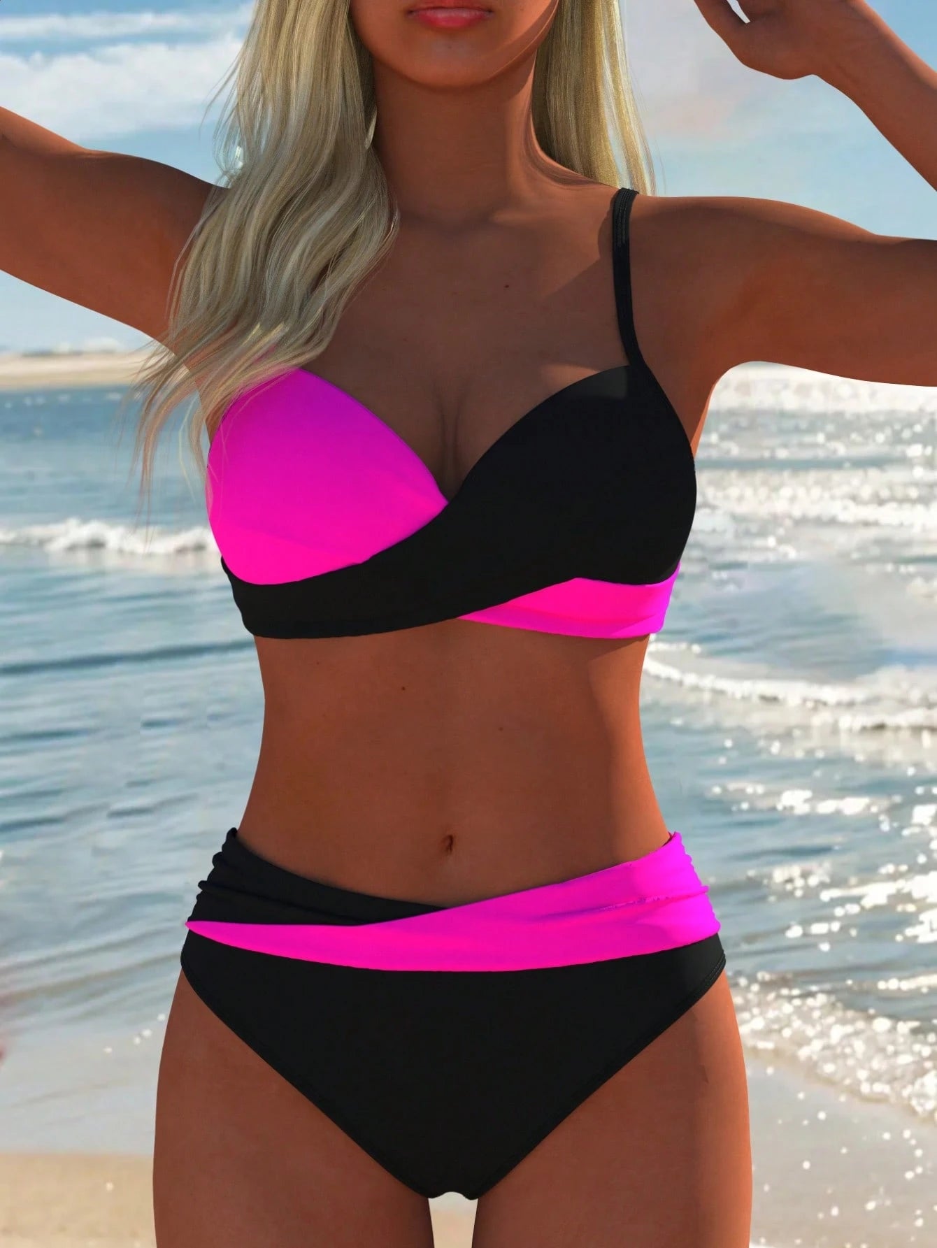 Women's Sexy Casual Black & White Color Block Spaghetti Strap Bikini