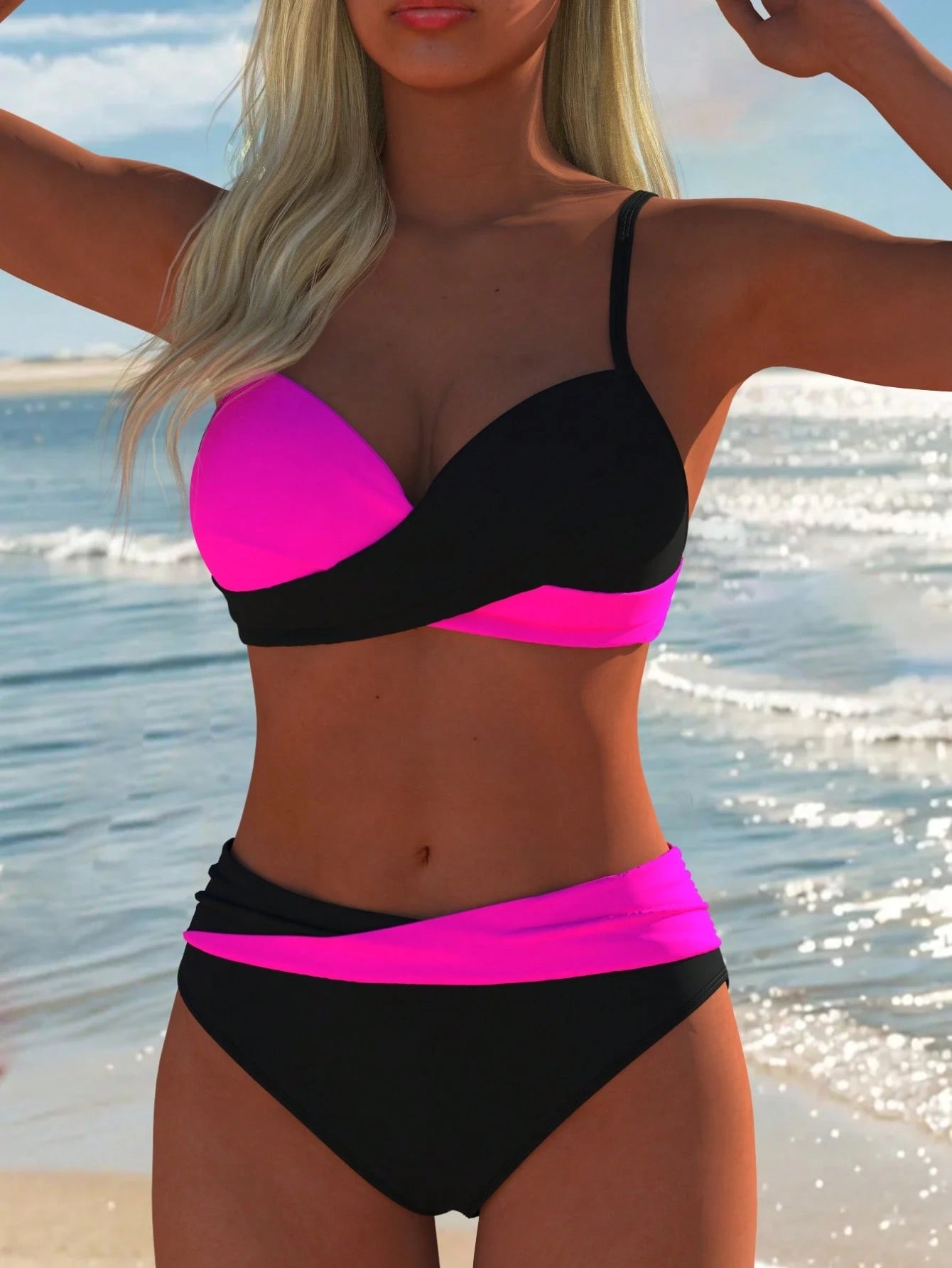 Women's Sexy Casual Black & White Color Block Spaghetti Strap Bikini