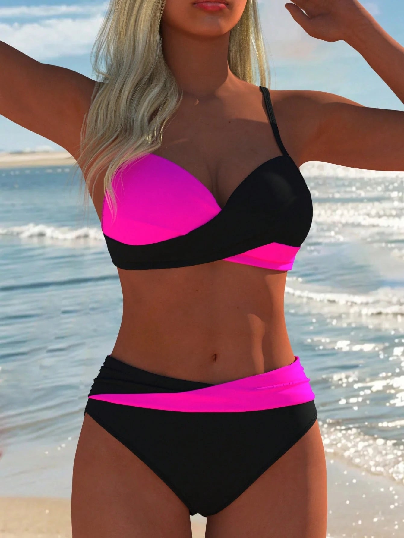 Women's Sexy Casual Black & White Color Block Spaghetti Strap Bikini