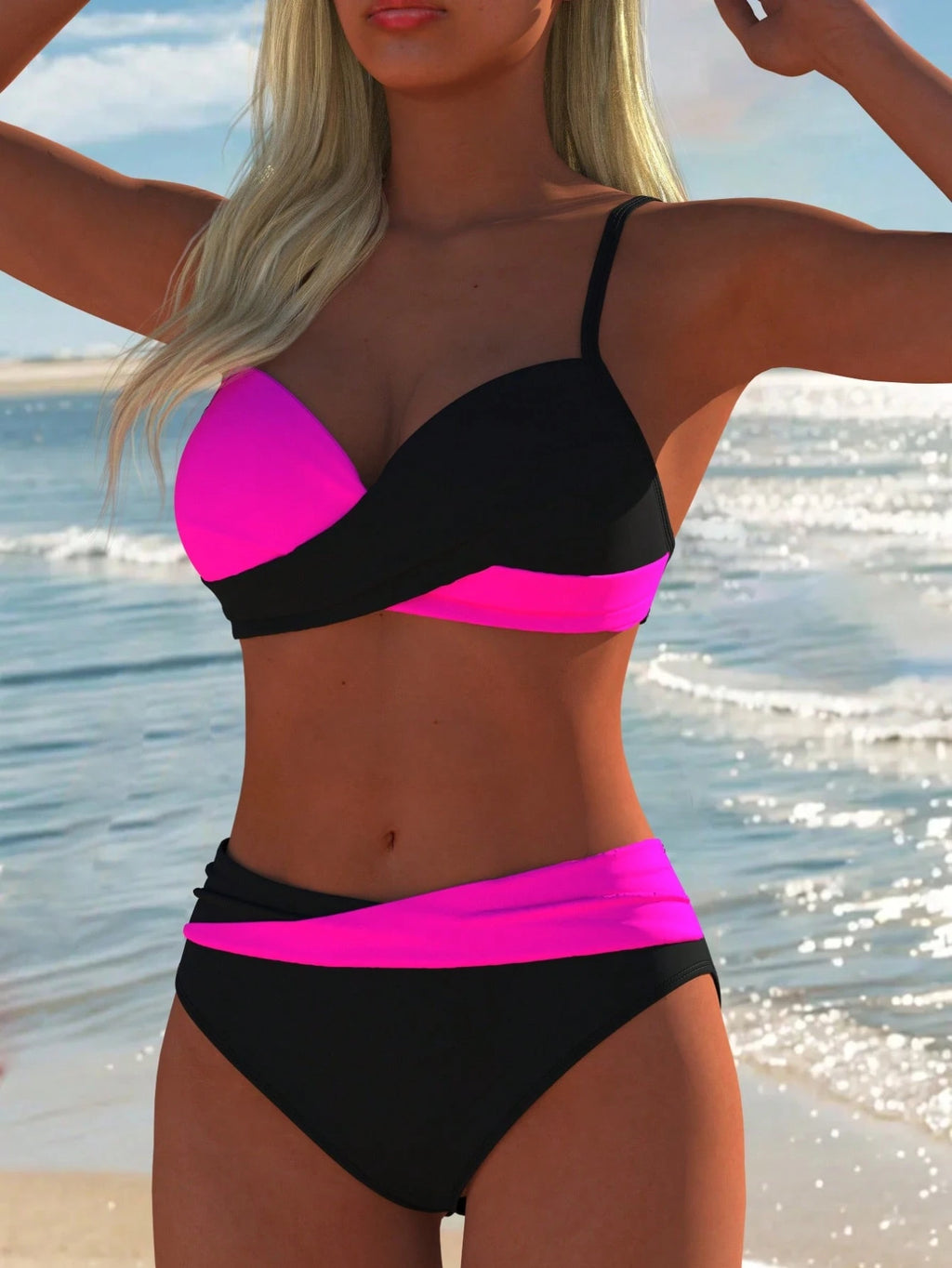 Women's Sexy Casual Black & White Color Block Spaghetti Strap Bikini