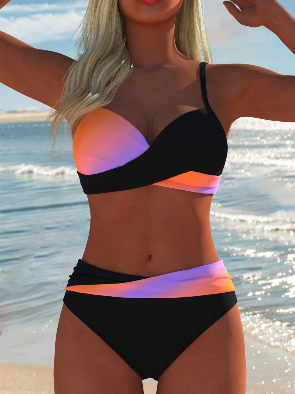 Women's Sexy Casual Black & White Color Block Spaghetti Strap Bikini