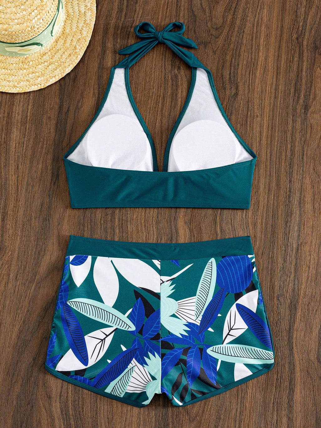 Swim Lushoire Summer Beach Plant Print Halter Shorts Bikini