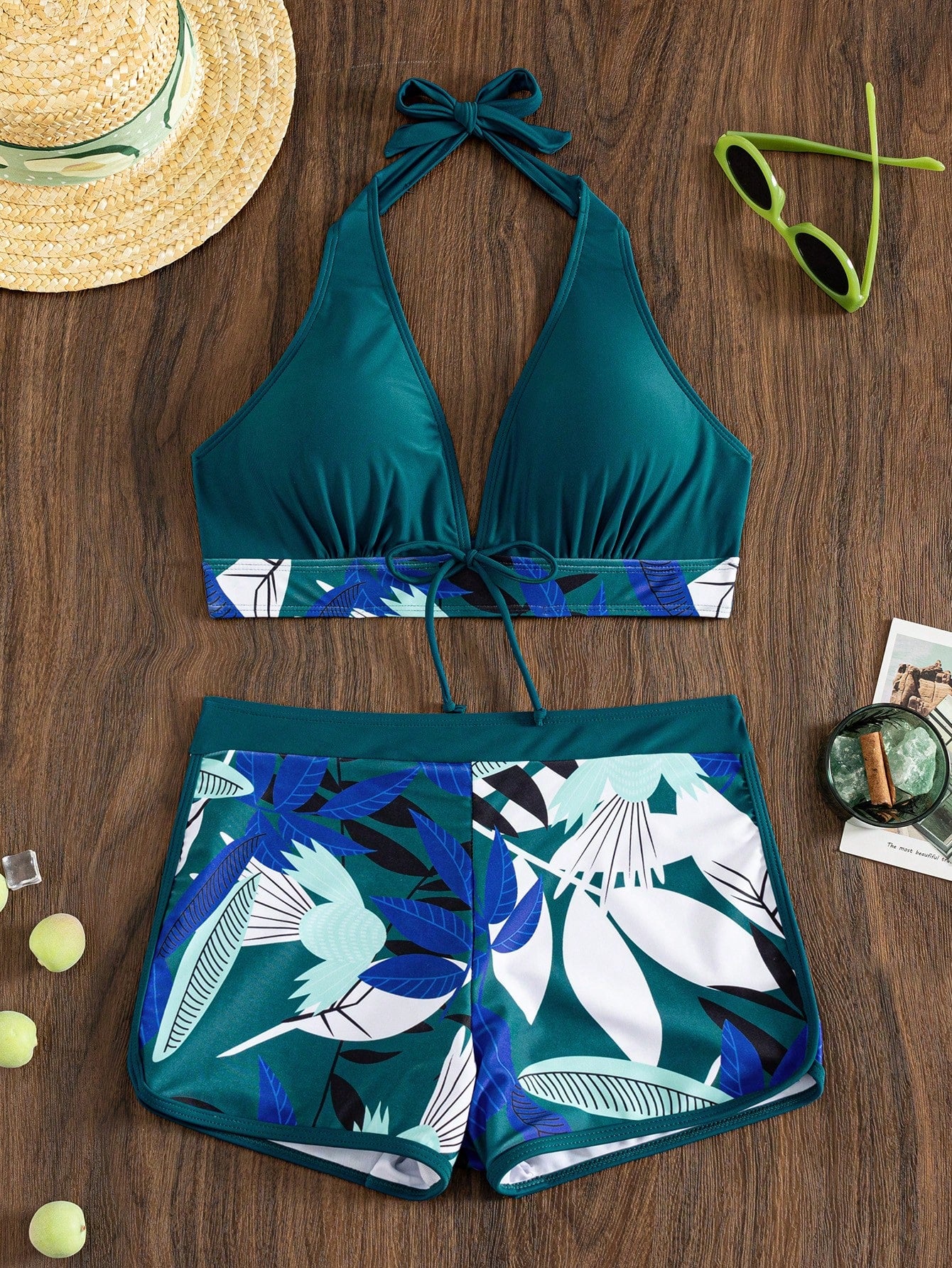 Swim Lushoire Summer Beach Plant Print Halter Shorts Bikini