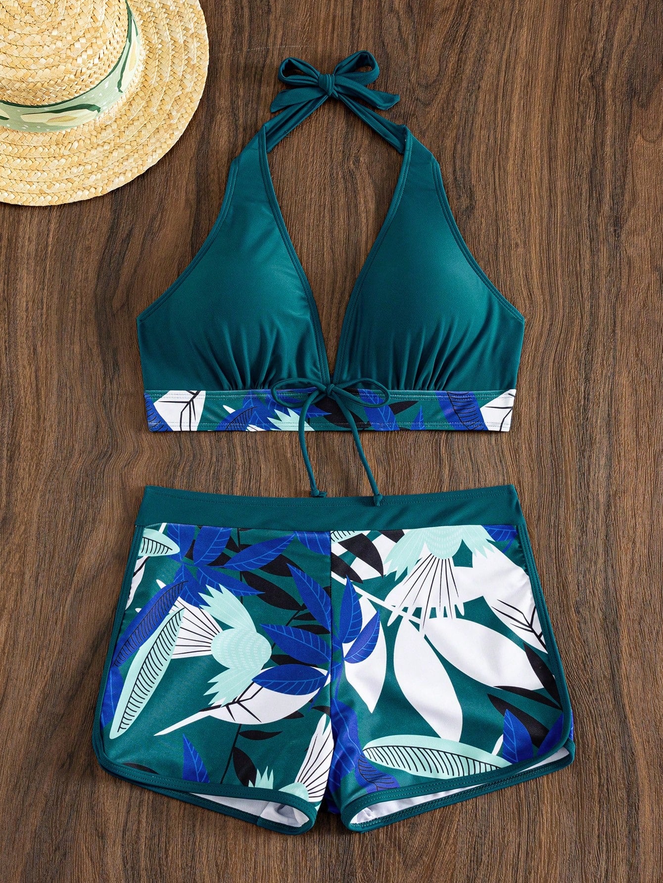 Swim Lushoire Summer Beach Plant Print Halter Shorts Bikini
