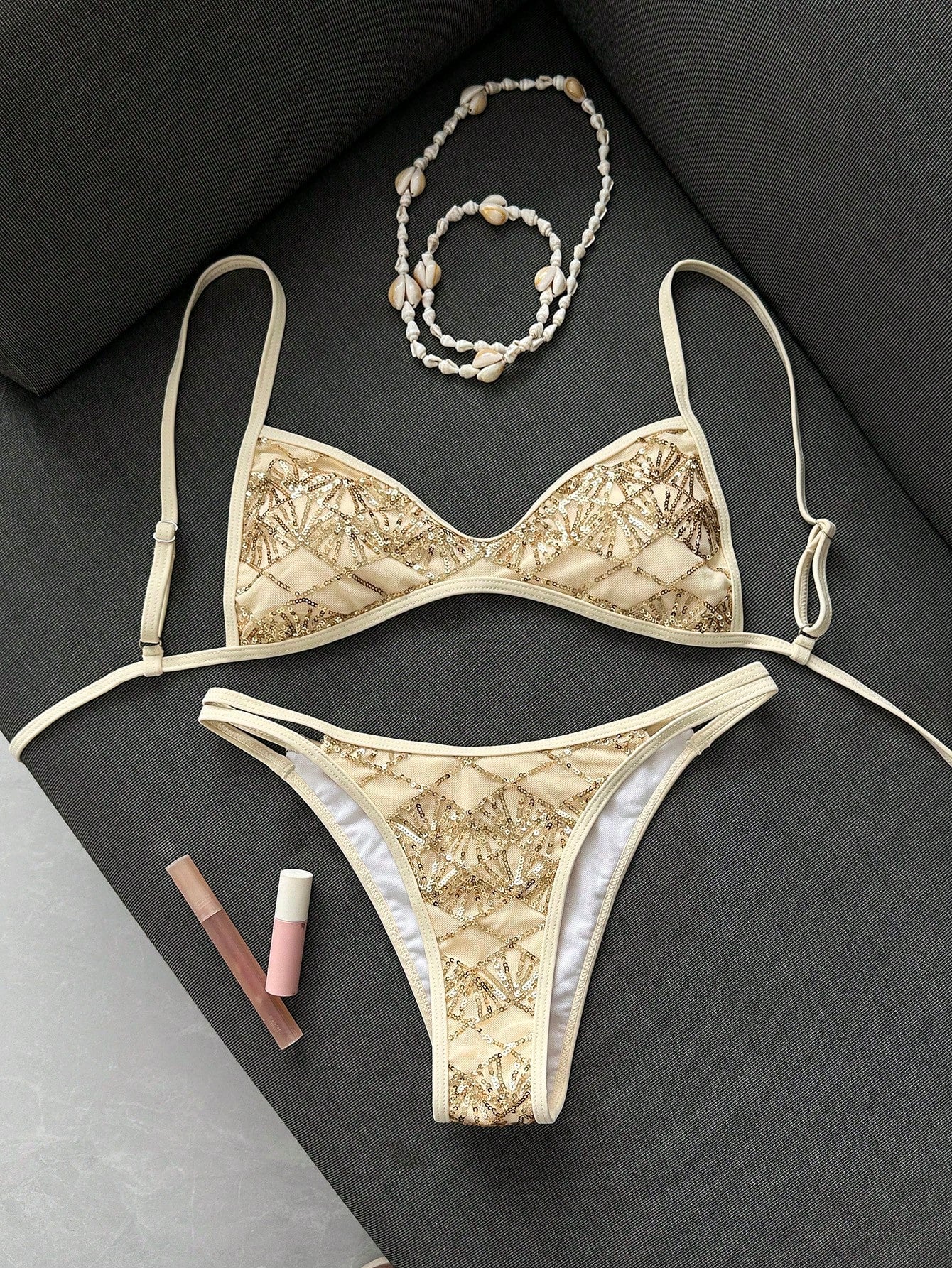 Sunnyshic Women's 2-Piece Bikini Set With Textured Fabric, Spaghetti Strap Top And Bottom, Beach Swimwear - image 4