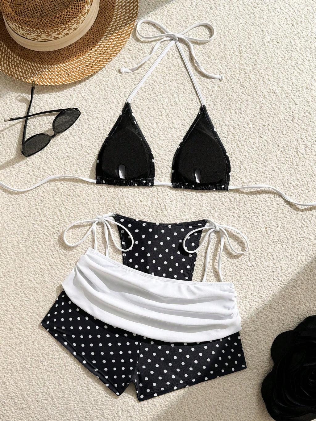 Costavie Women's Navy Blue Polka Dot 3 Pieces Swimwear Set,Summer